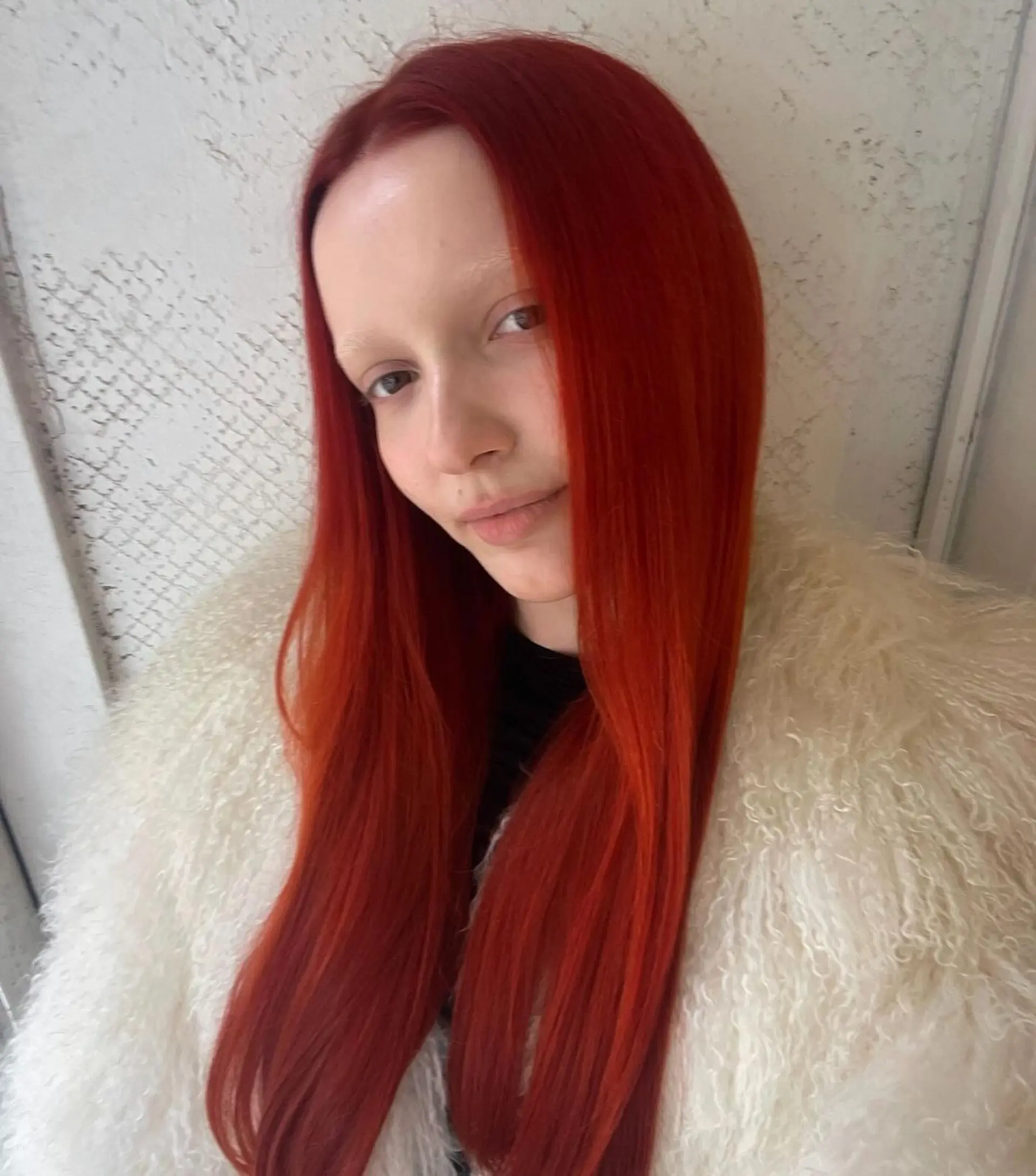 An extremely long, vivid red hairstyle with straight texture, flowing past the waist, and a silky, glossy appearance. 2