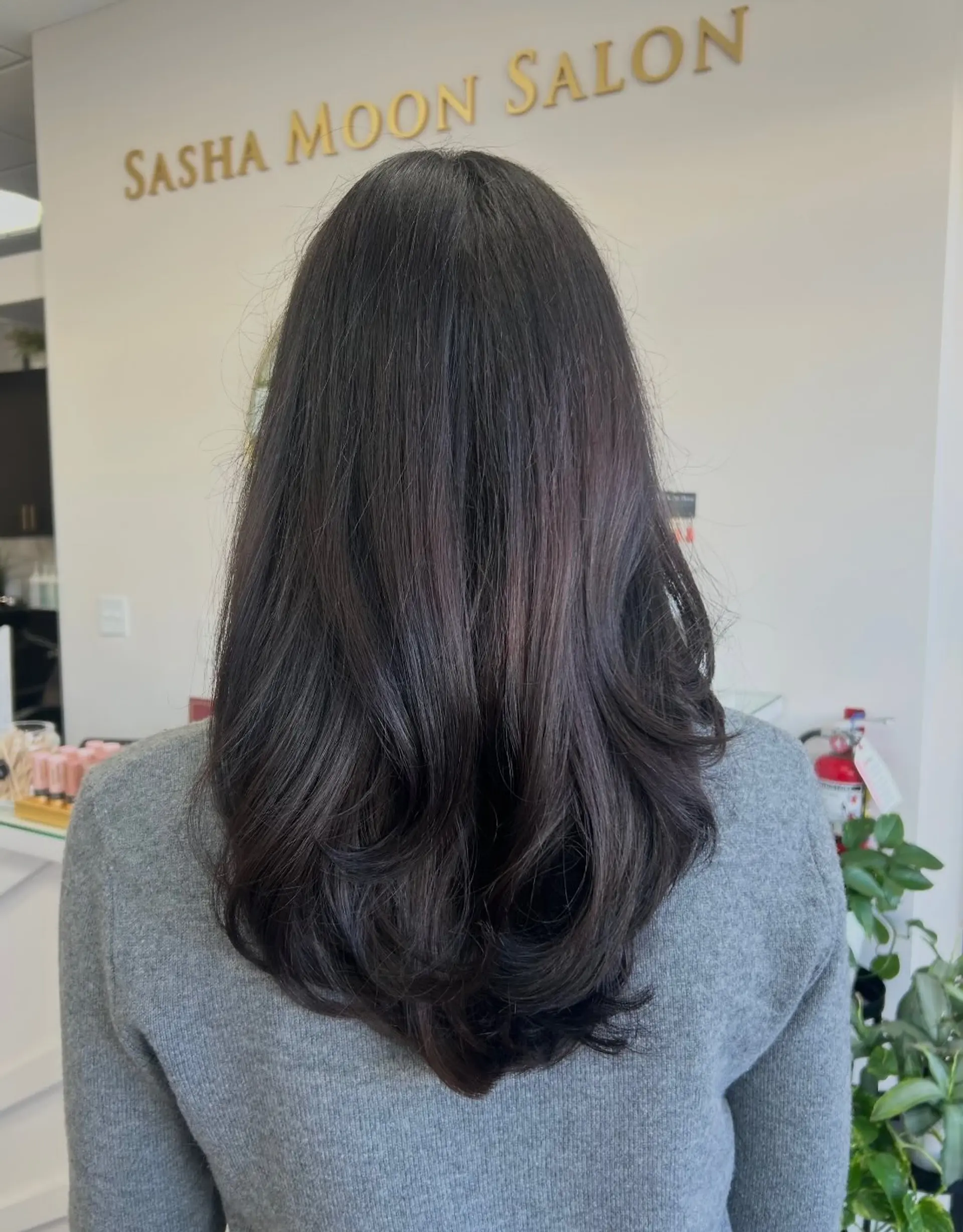 Glossy dark brown hair with long flowing layers and softly curved, bouncy ends. 1
