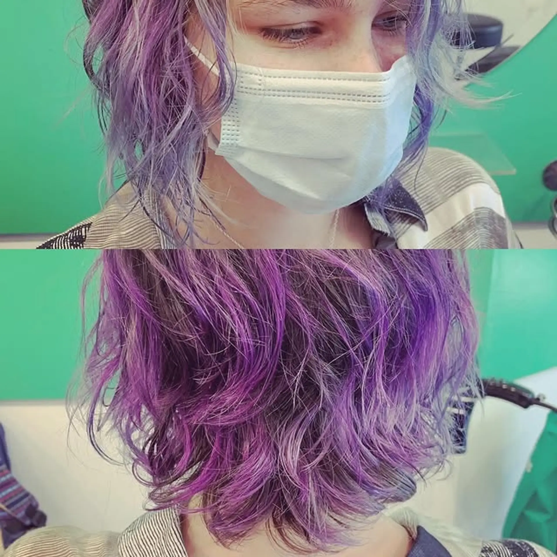 A wavy bob with a vibrant purple and lavender ombre effect. 1