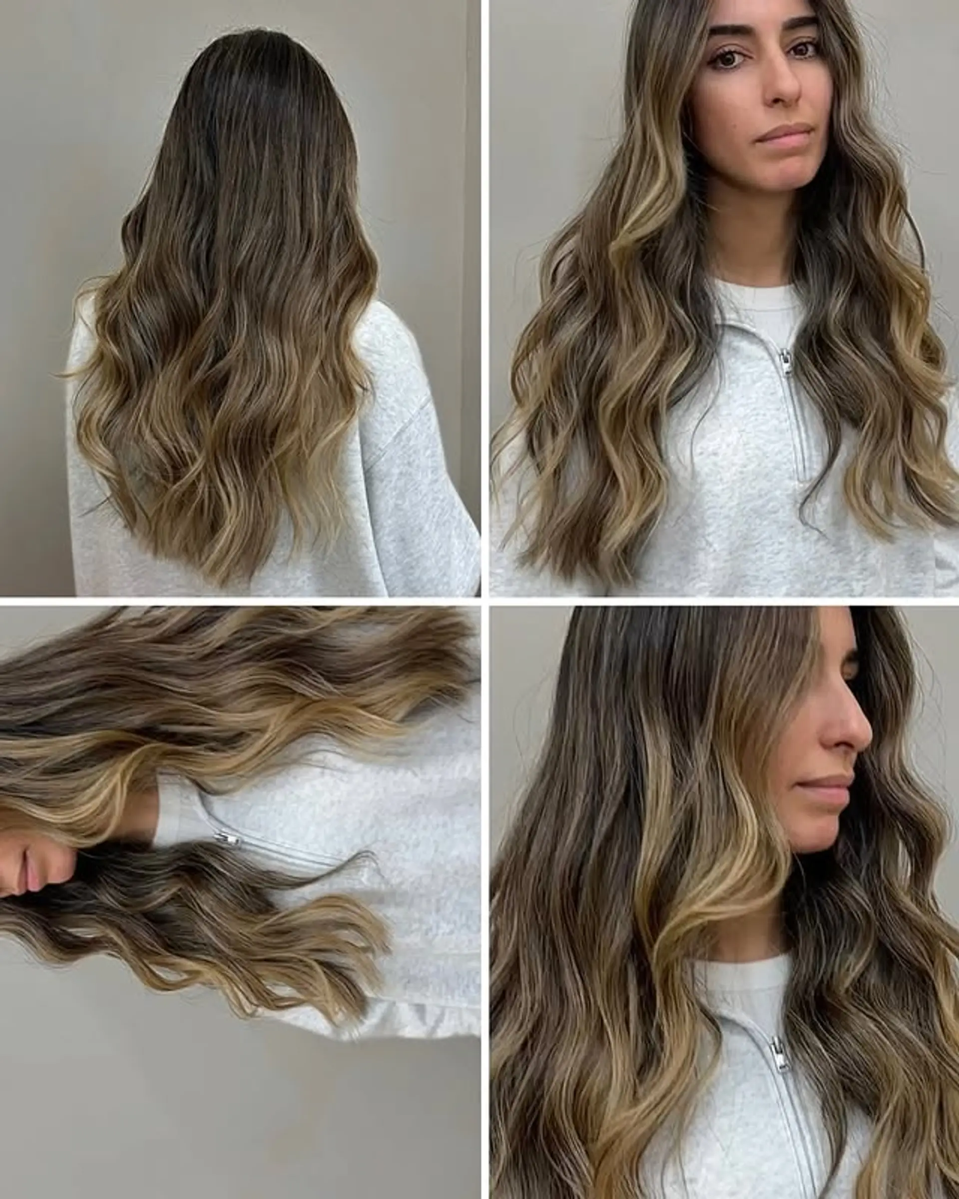 Long layered wavy hair with a bronde balayage. 1
