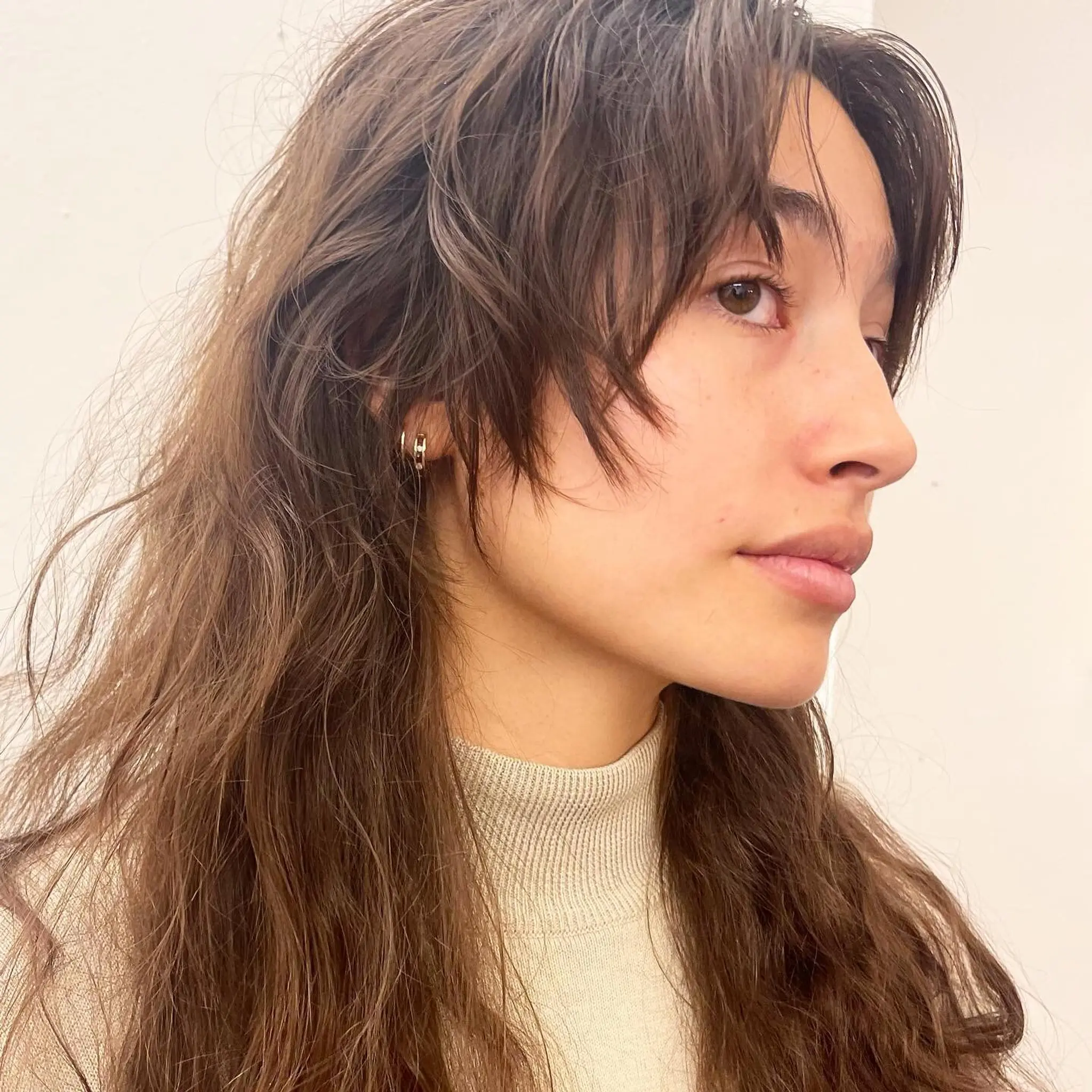 Long, wavy, chestnut brown hair with a natural texture, soft waves, layered cut, and curtain bangs for a casual chic appearance. haircut by @takeohair