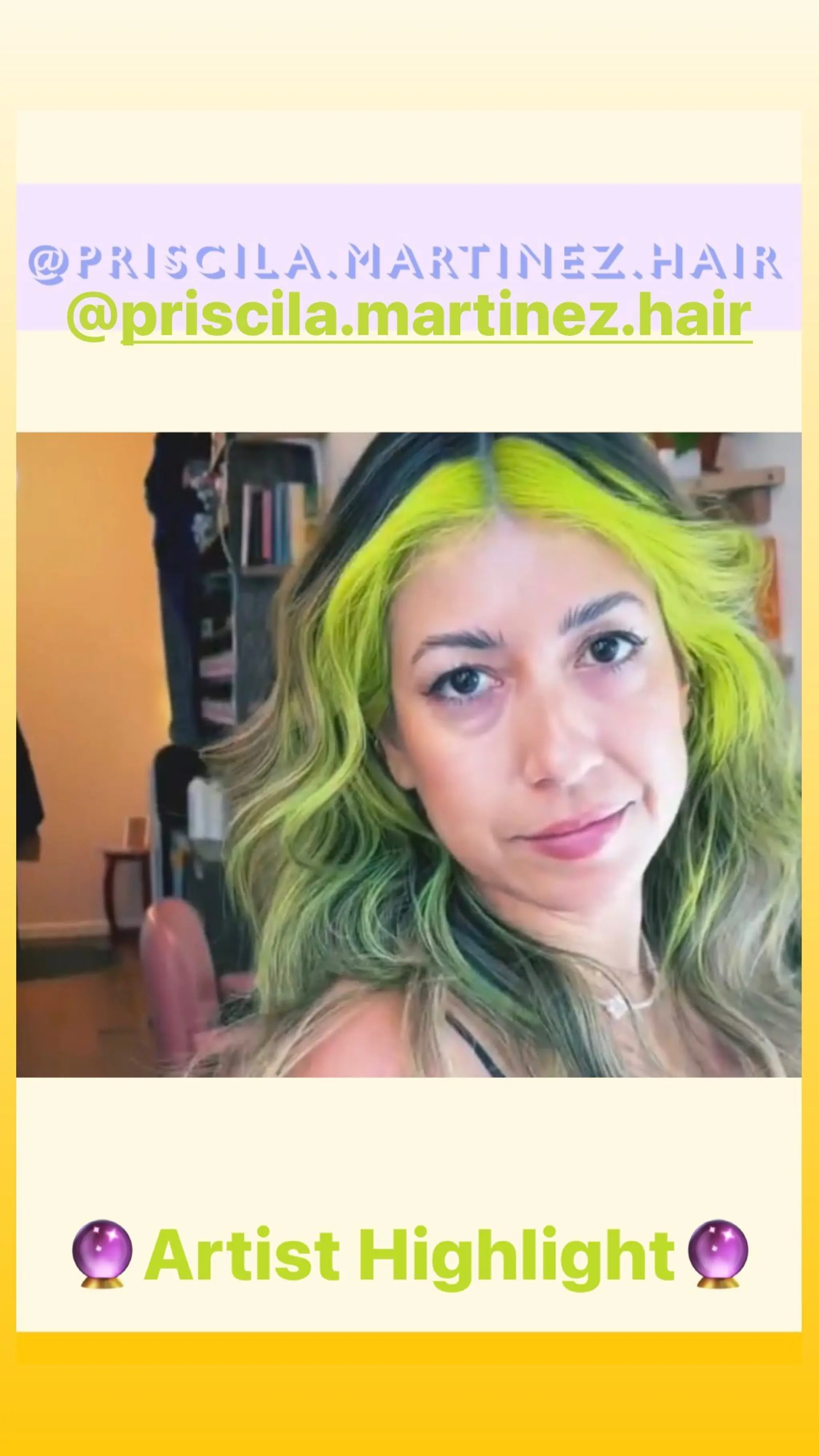A medium-length wavy lob with a neon green money piece, creating a bold and trendy statement.