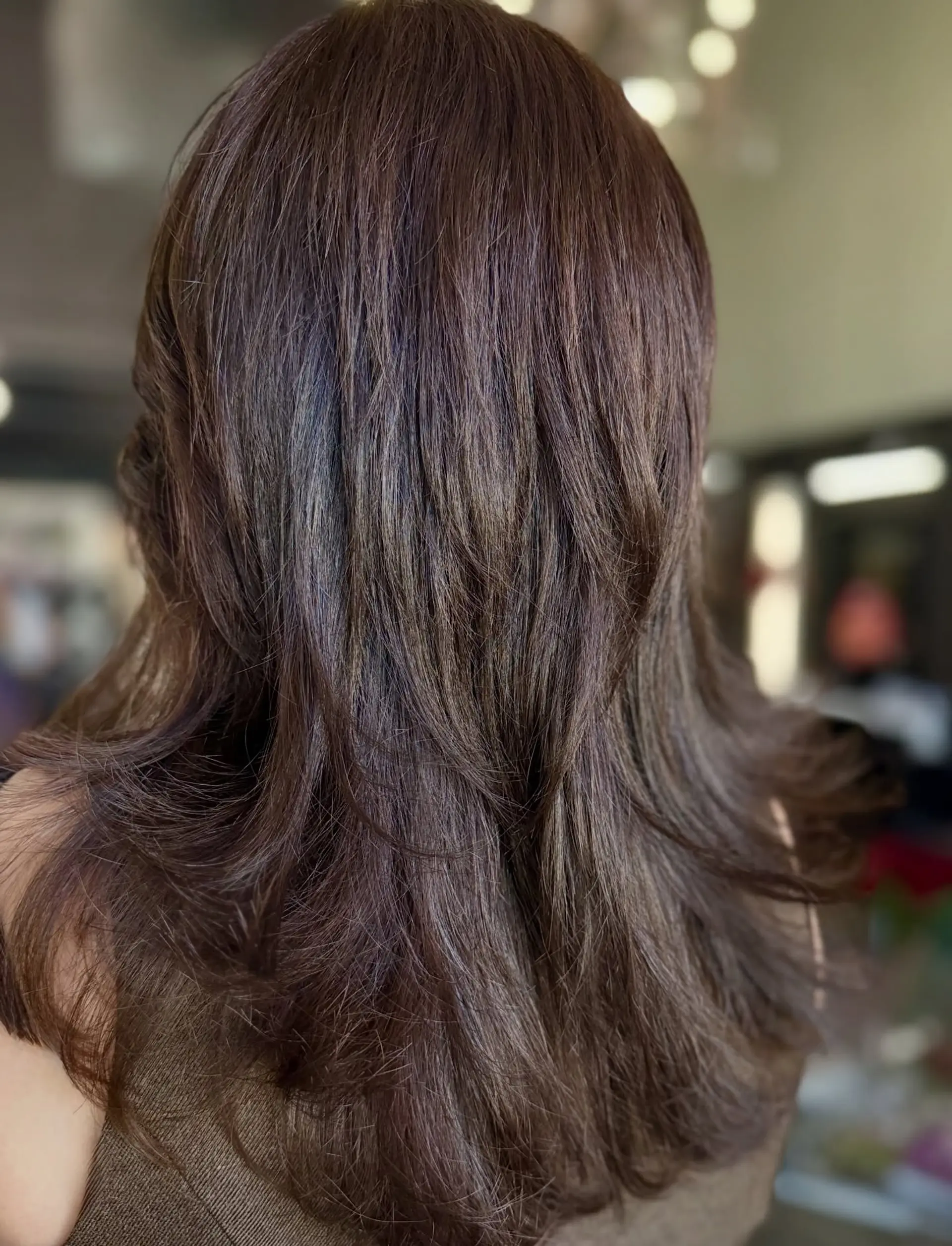 Long dark brunette hair featuring seamless feathered layers and flipped ends for an effortless shag look. 1