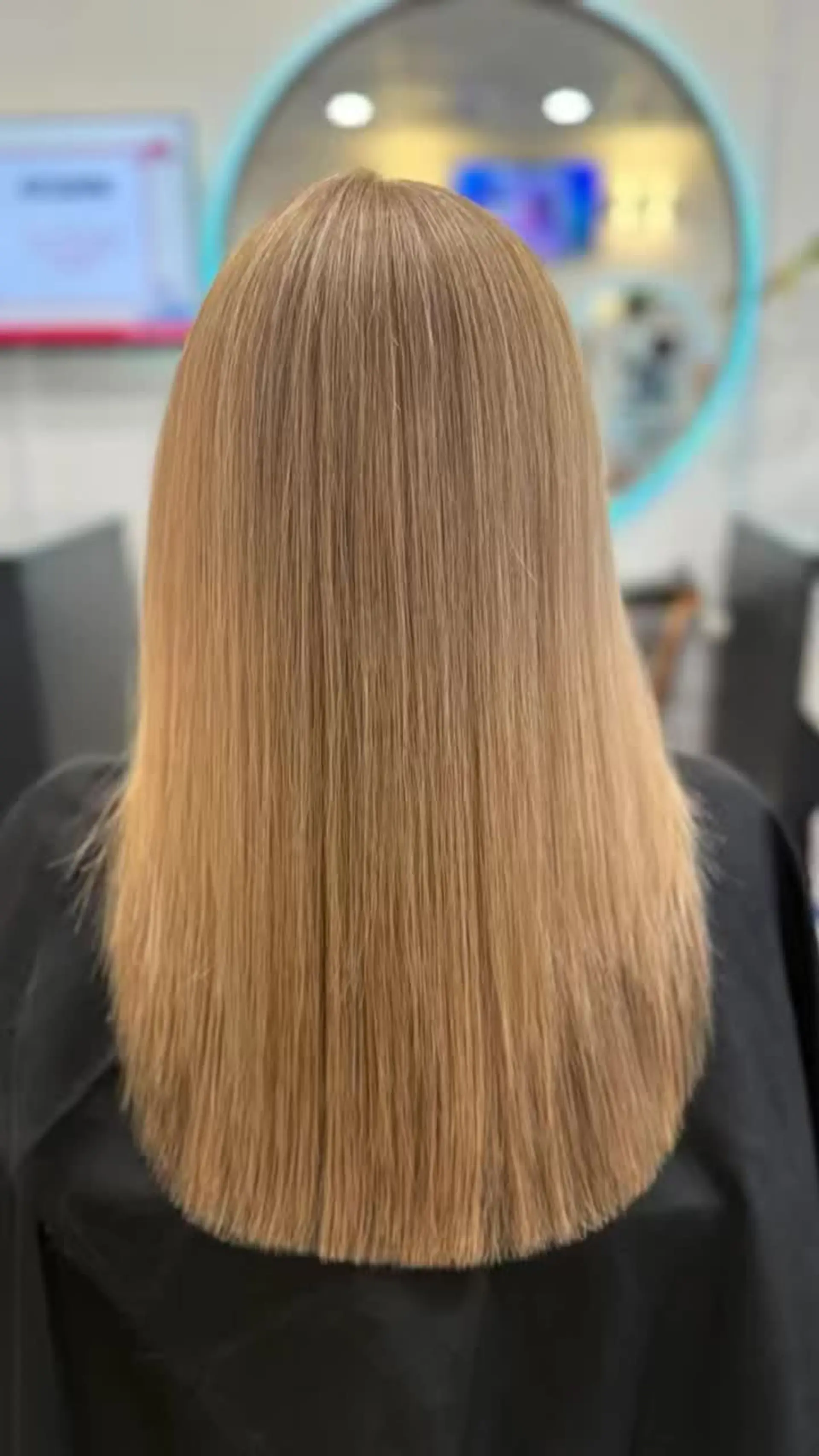 Ultra-sleek, pin-straight long hair in a warm honey blonde tone with smooth, blunt ends. 1