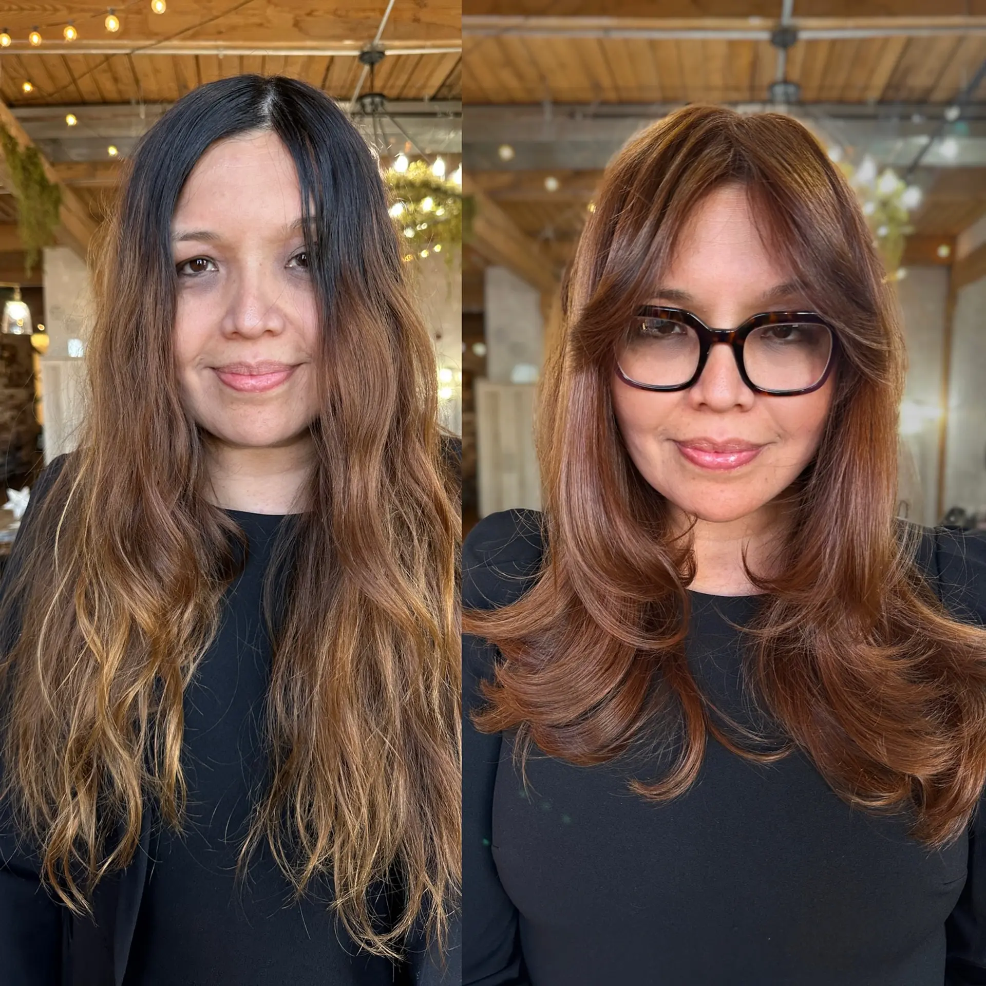 Long wavy hair with flattering face-framing layers and a middle part. 1