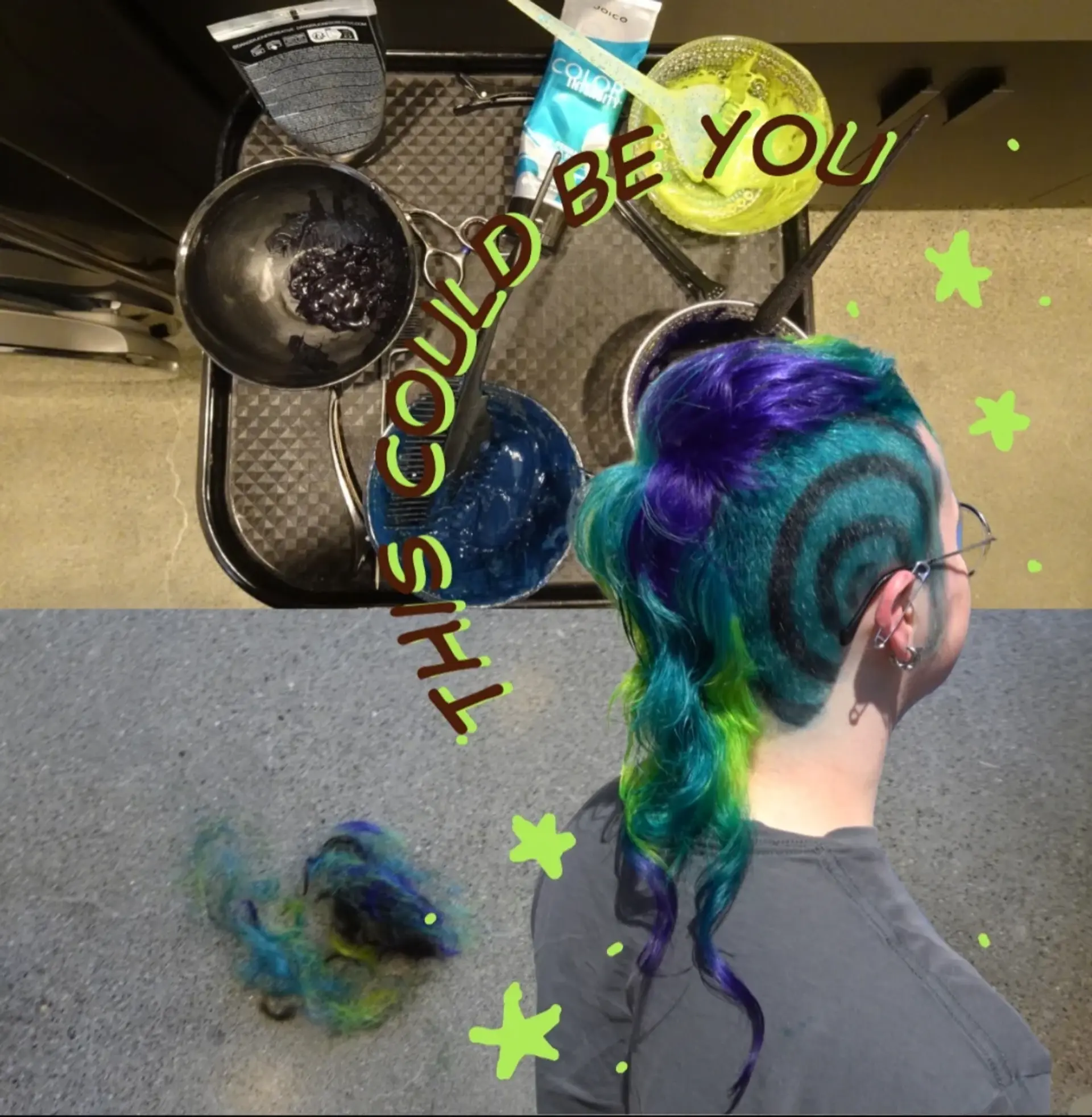 A bold vivid mullet featuring shaved sides with spiral hair art, colored in vibrant teal, lime green, deep blue, and purple tones. 1