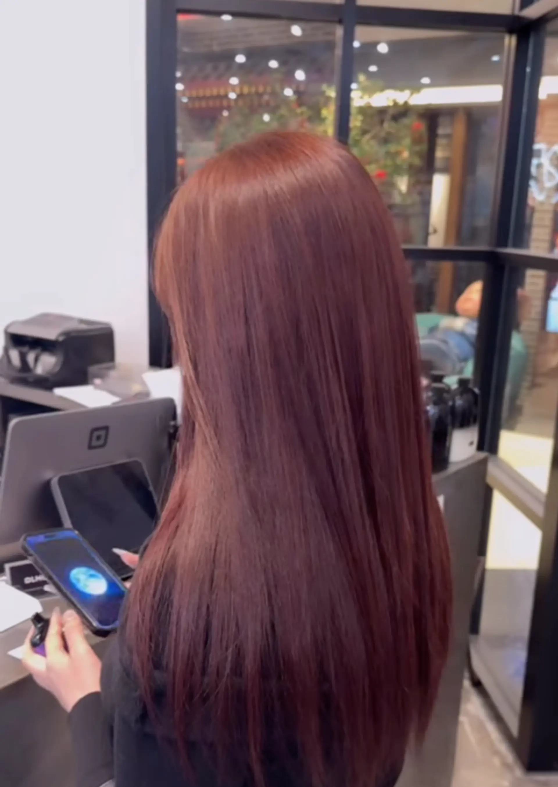 Long, sleek, straight auburn hair with a natural part and minimal layers, showcasing a glossy and elegant look perfect for an adult. 1