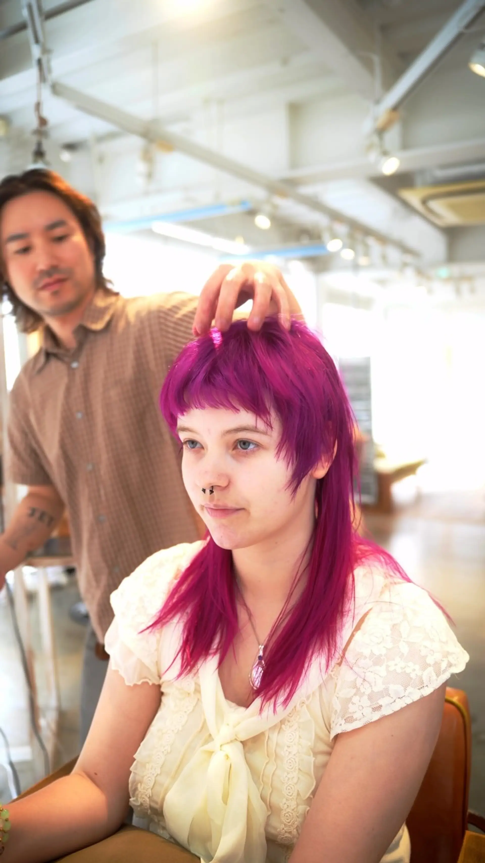 A bold, vivid magenta mullet cut with blunt micro bangs and piecey face-framing layers. 1