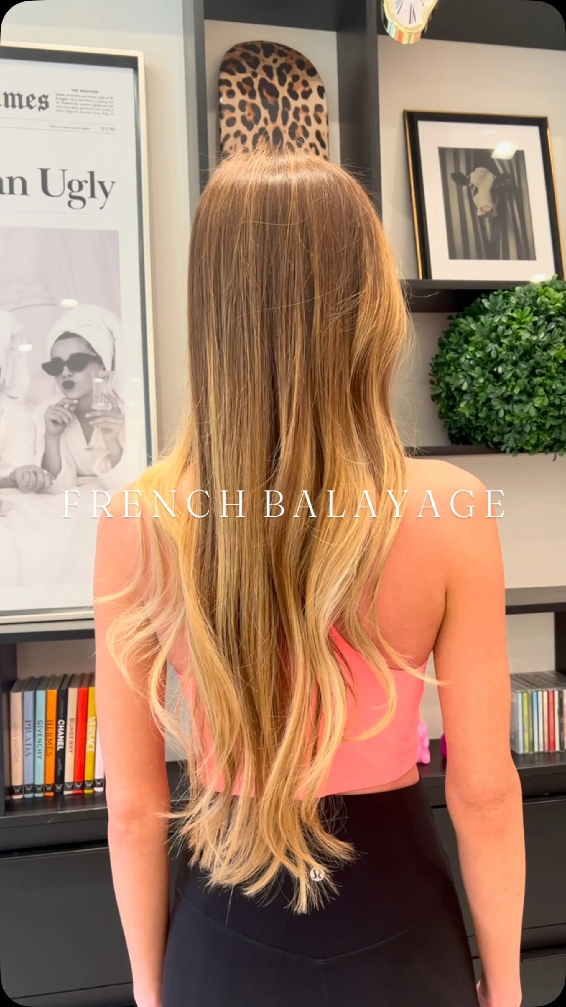 Extra-long straight hair featuring a seamless French balayage blending from light brown roots into warm, sun-kissed honey blonde ends. 1