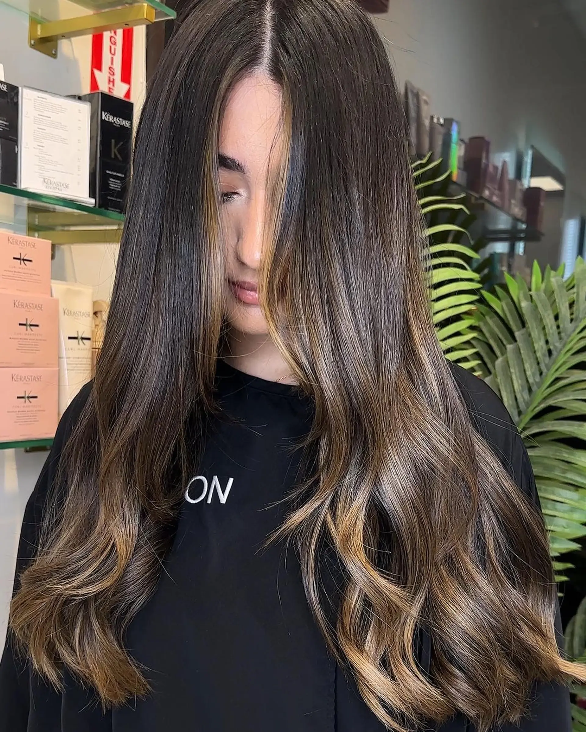 Long, wavy dark brown hair with honey blonde balayage highlights. The waves are soft, and the hair is parted in the middle with subtle layers for added volume. 1
