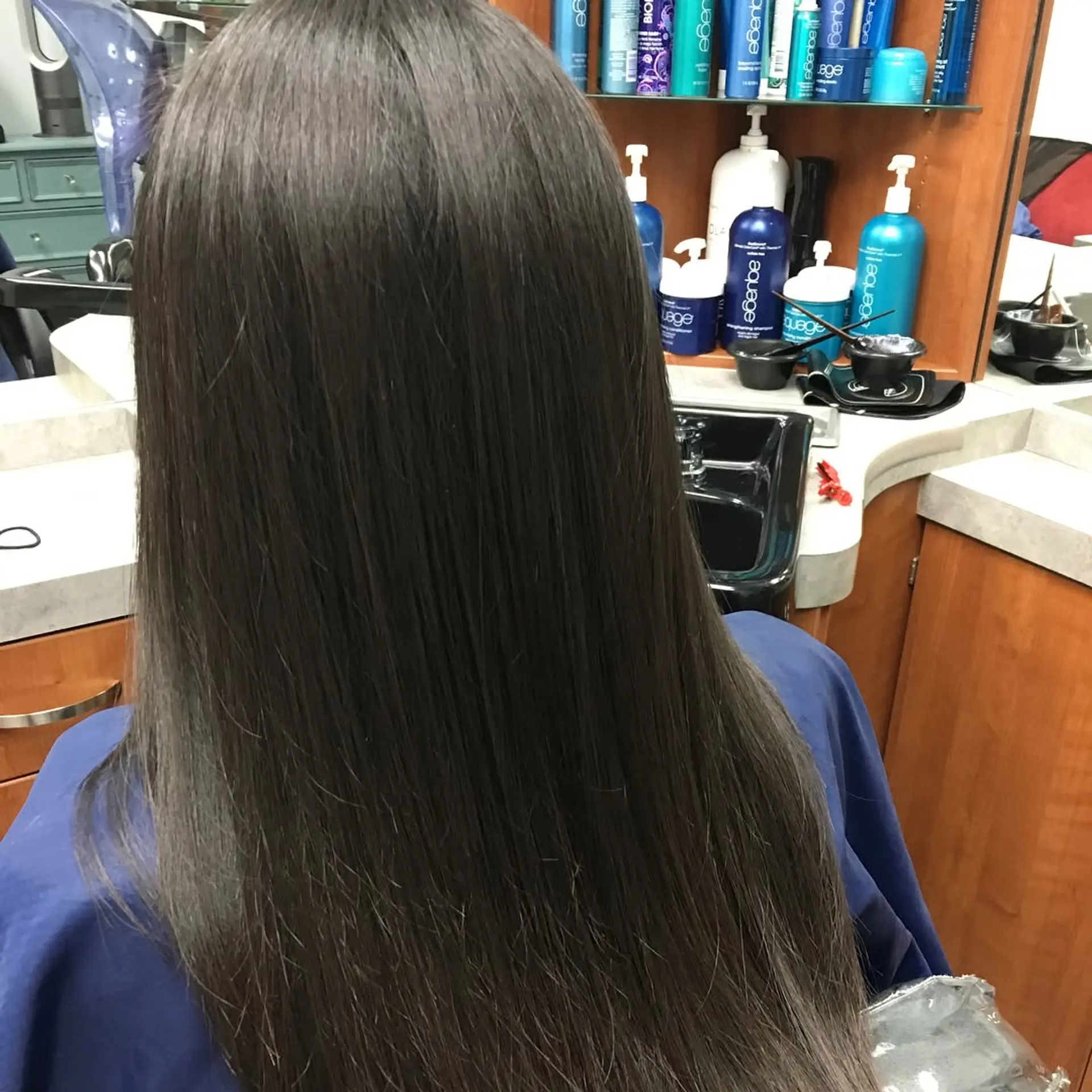 Ultra-sleek, pin-straight long dark hair with a glossy, frizz-free finish shown from the back. 1