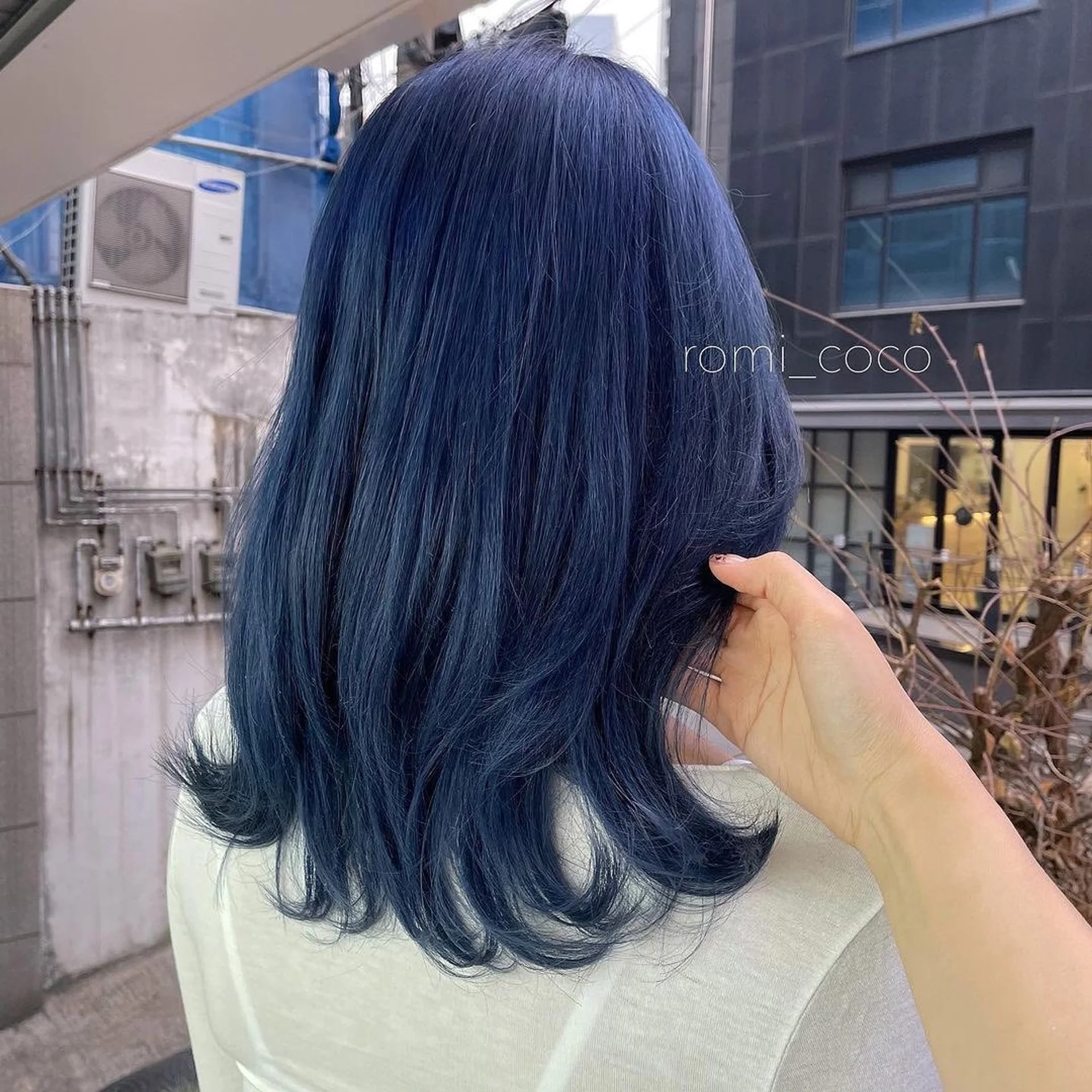 Deep Ocean Blue Wavy Lob with Silver Highlights - Preview 2