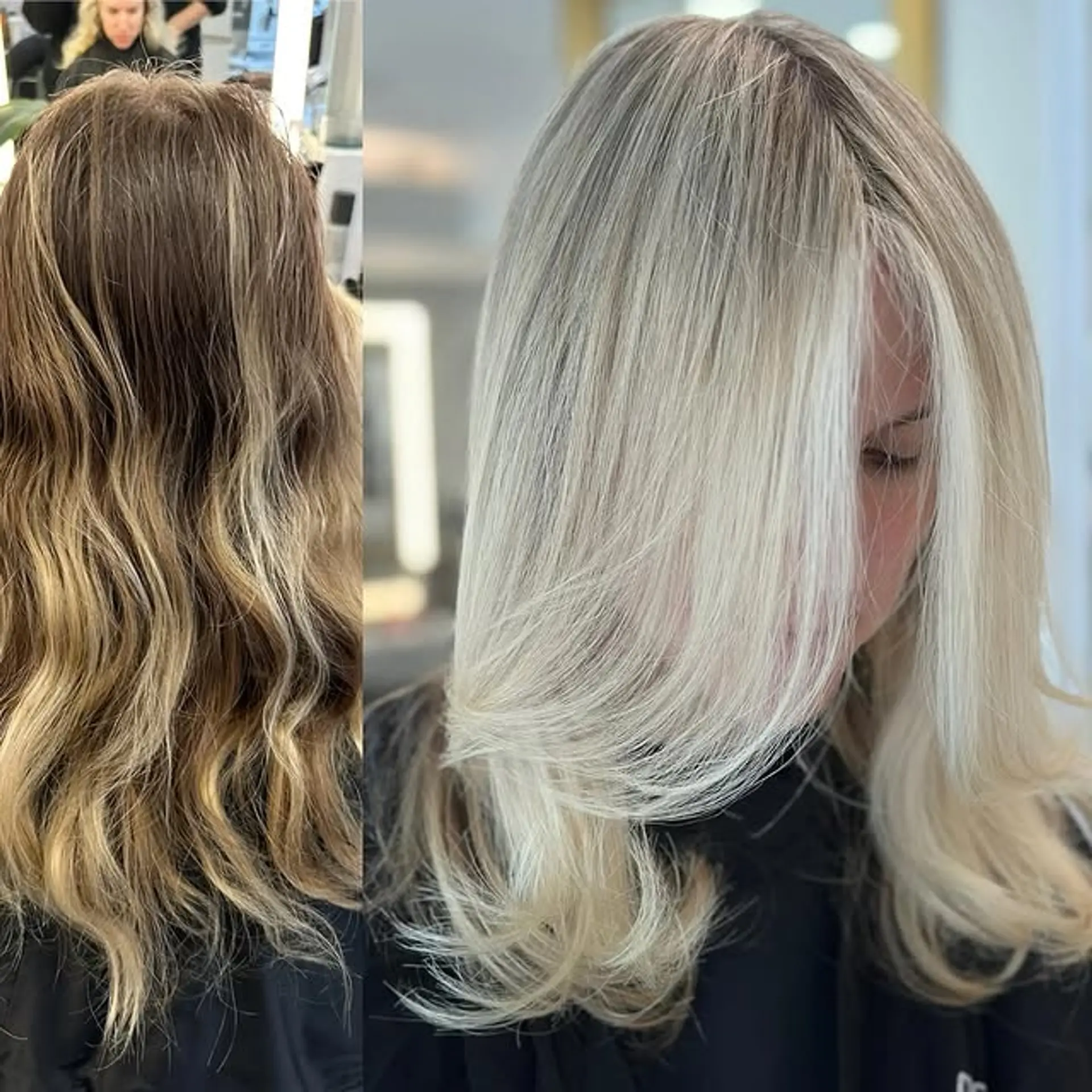 This hairstyle features face-framing layers with a platinum blonde color and a money piece highlight to brighten the face. 1