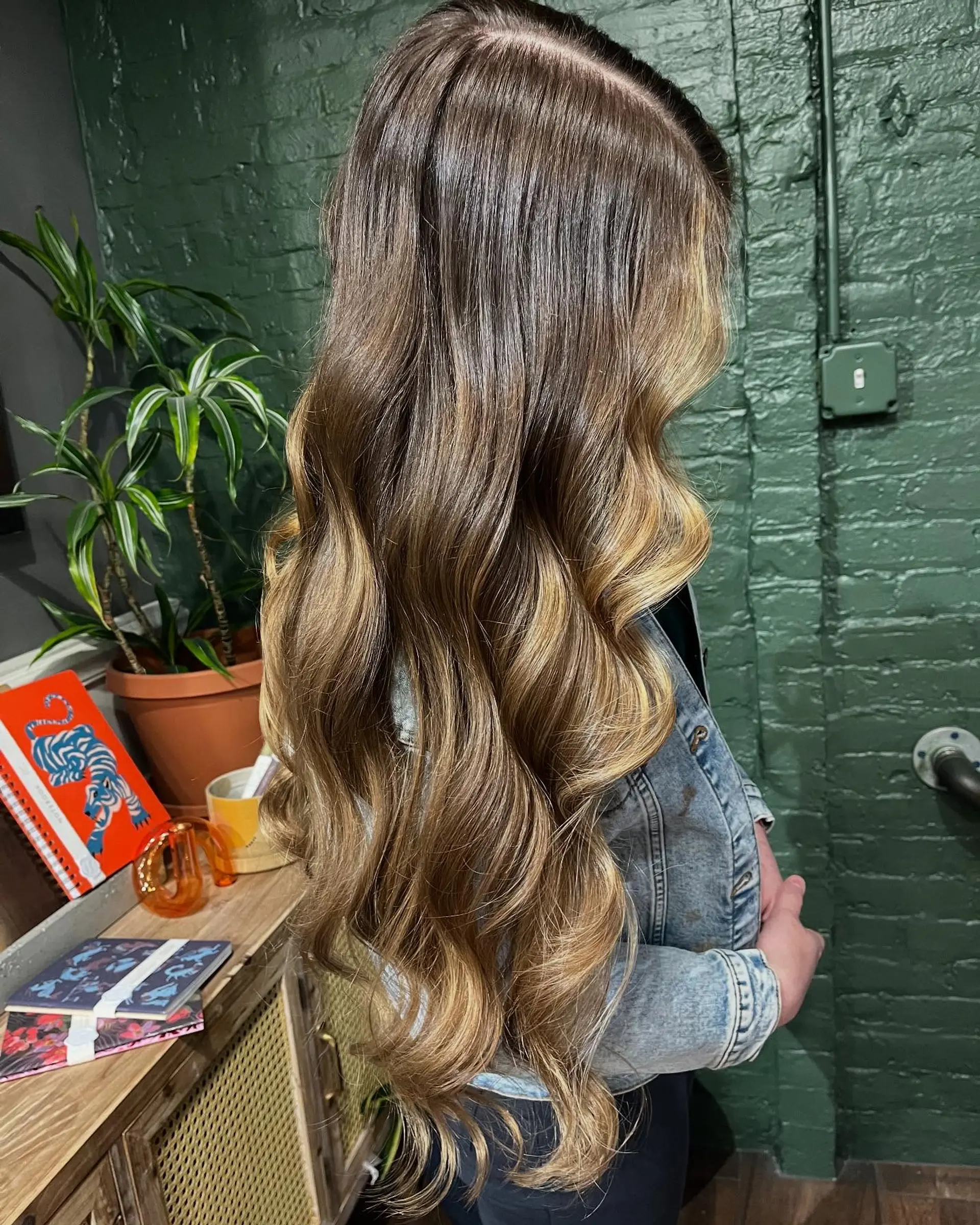 Long flowing brunette hair styled in glossy waves with hand-painted caramel balayage ribbons. 1