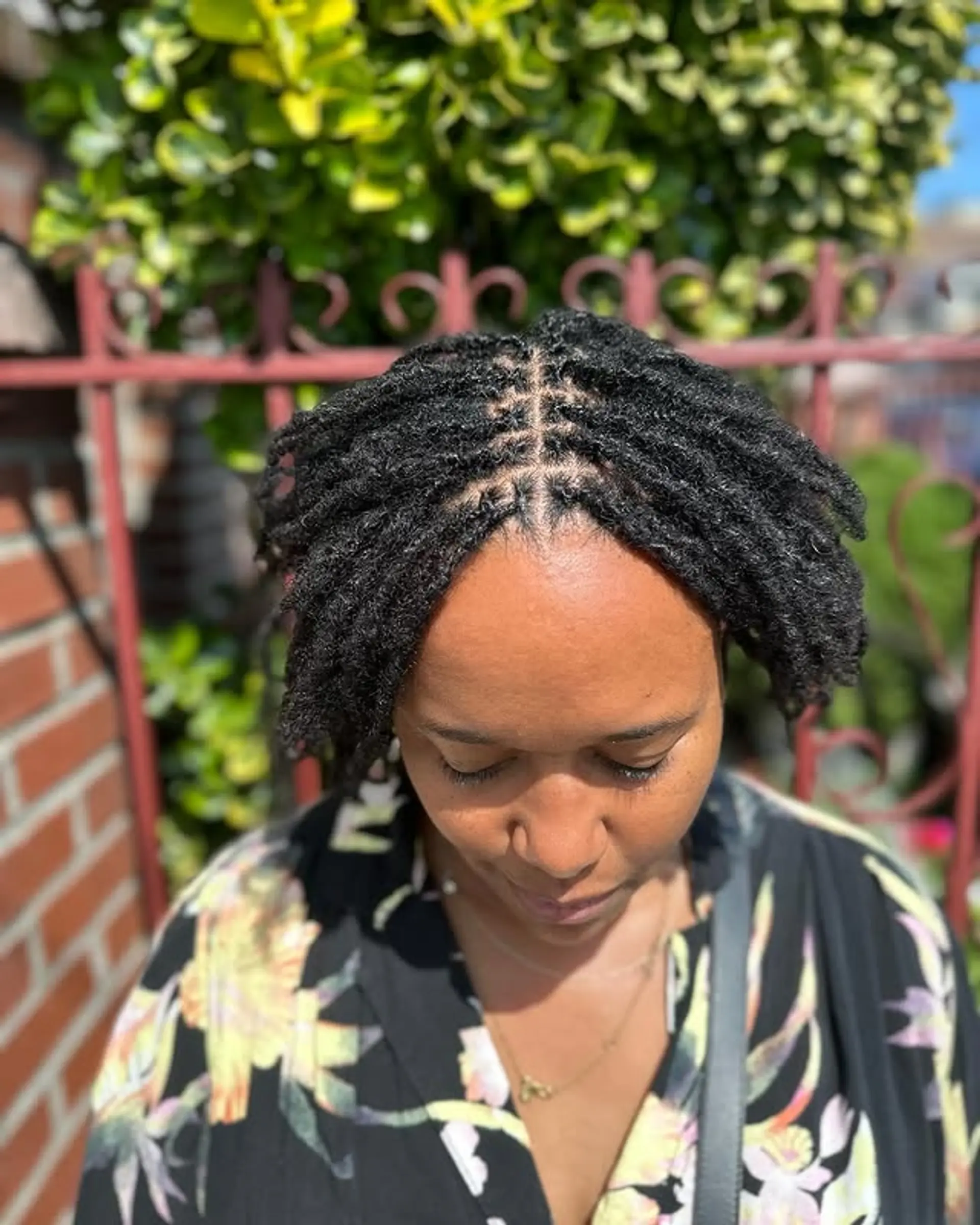 Short, natural black sisterlocks styled into an afro. 1