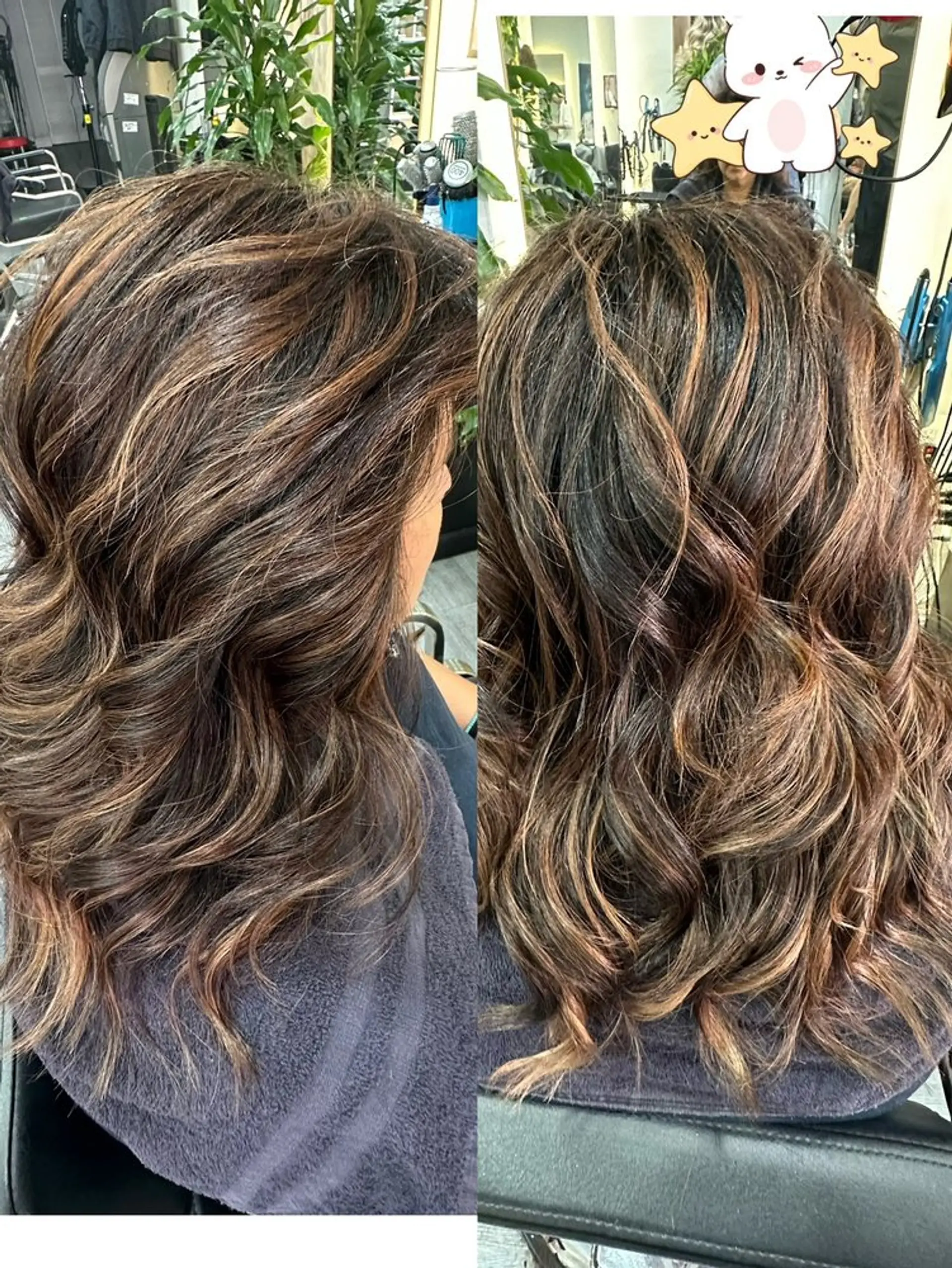Wavy, medium-length hair with bronzed blonde balayage highlights. 1