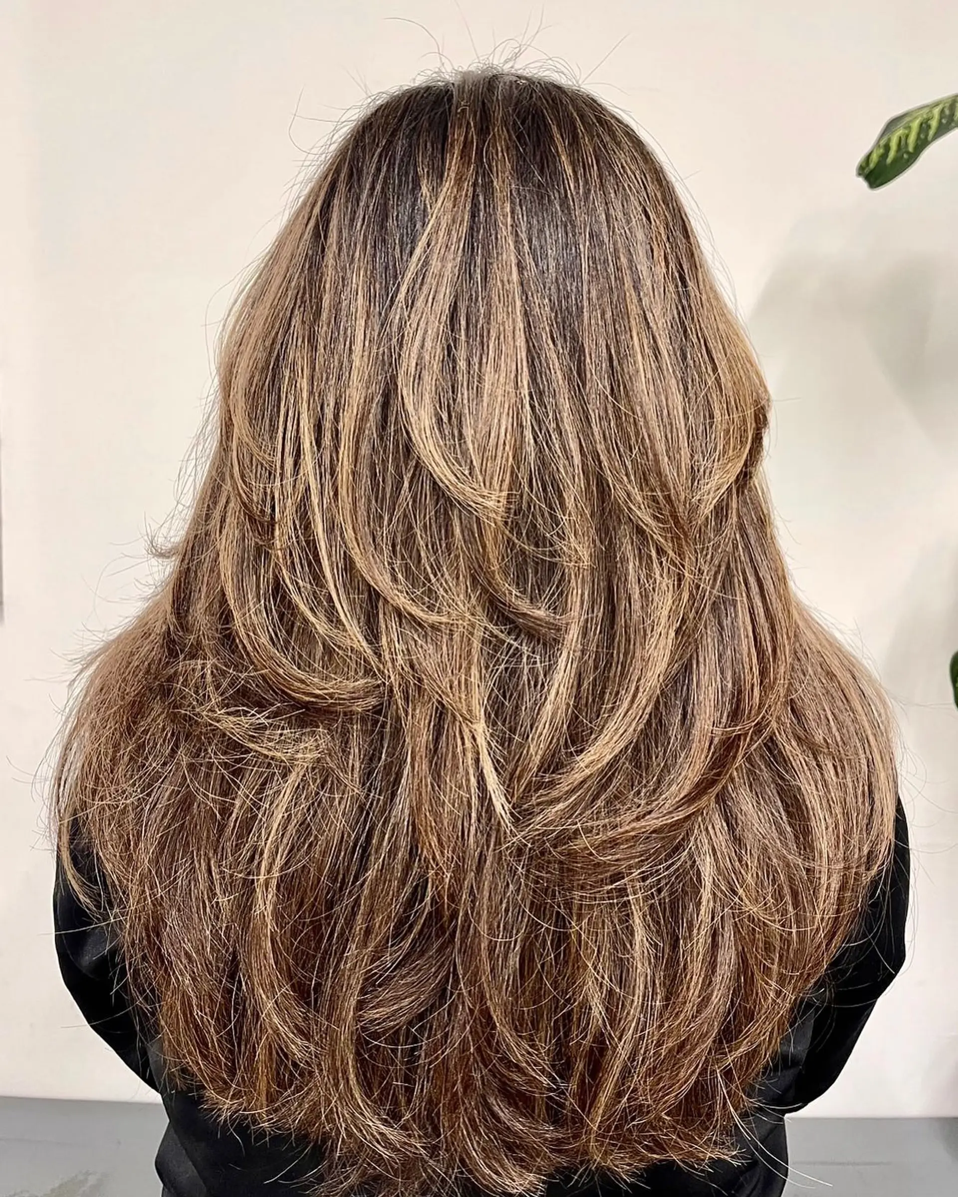 Long multi-tiered haircut featuring soft, blended layers and fine caramel highlights over a rich brown base. 1