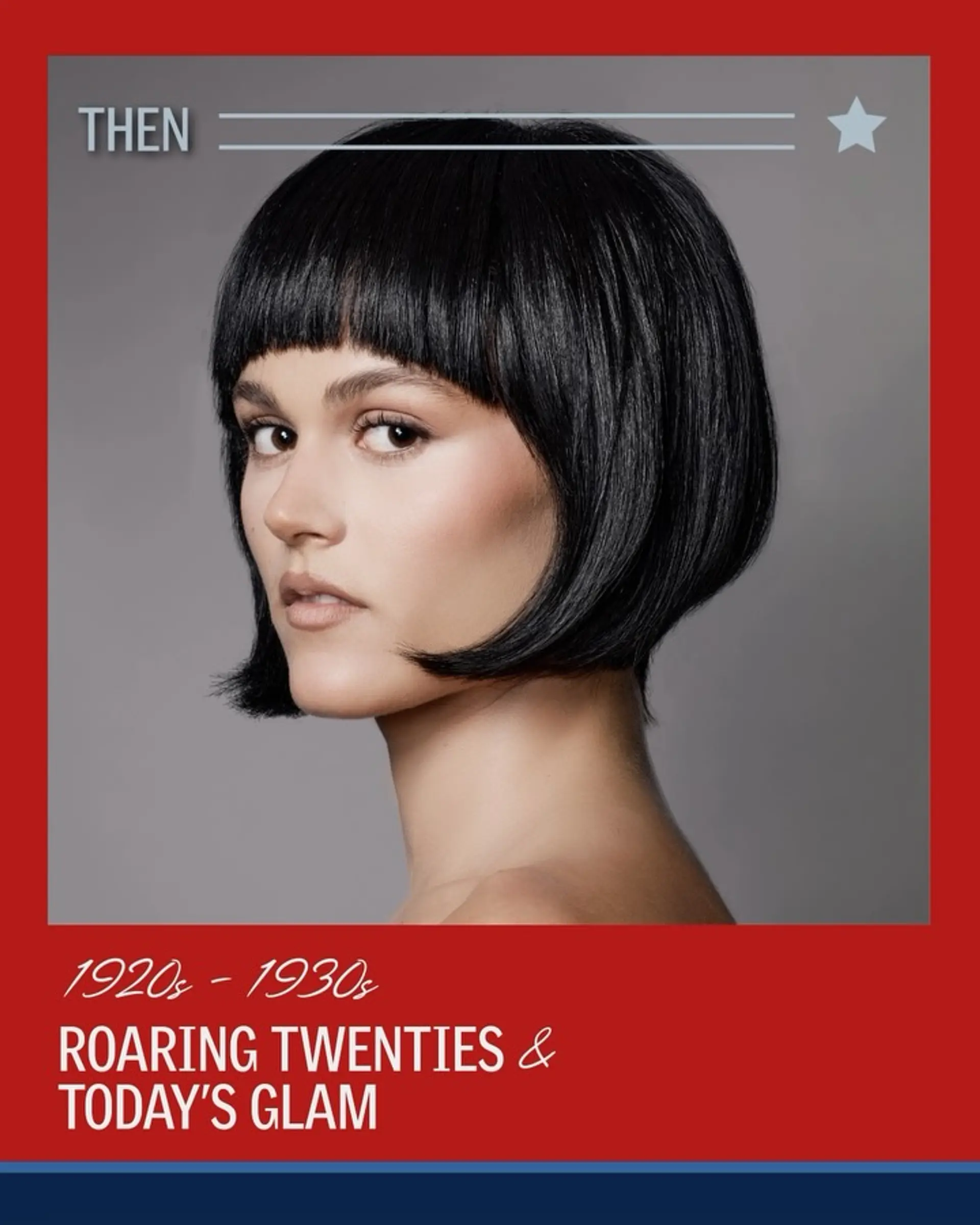 A sleek jet-black vintage-inspired short bob haircut with blunt micro-bangs and curved jawline tips. 1