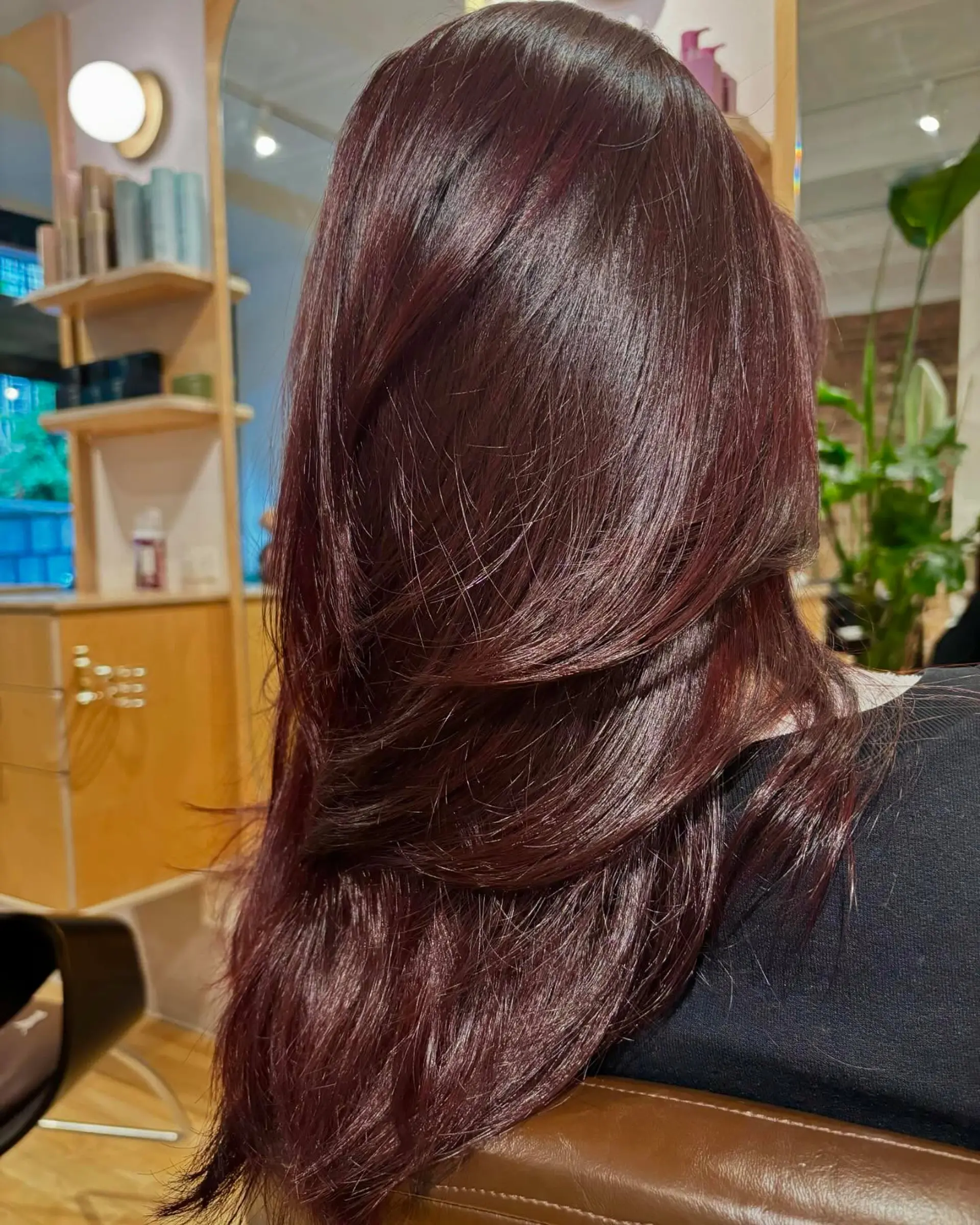 Long deep red-brown hair cut into cascading layers and styled into a smooth, voluminous blowout. 1