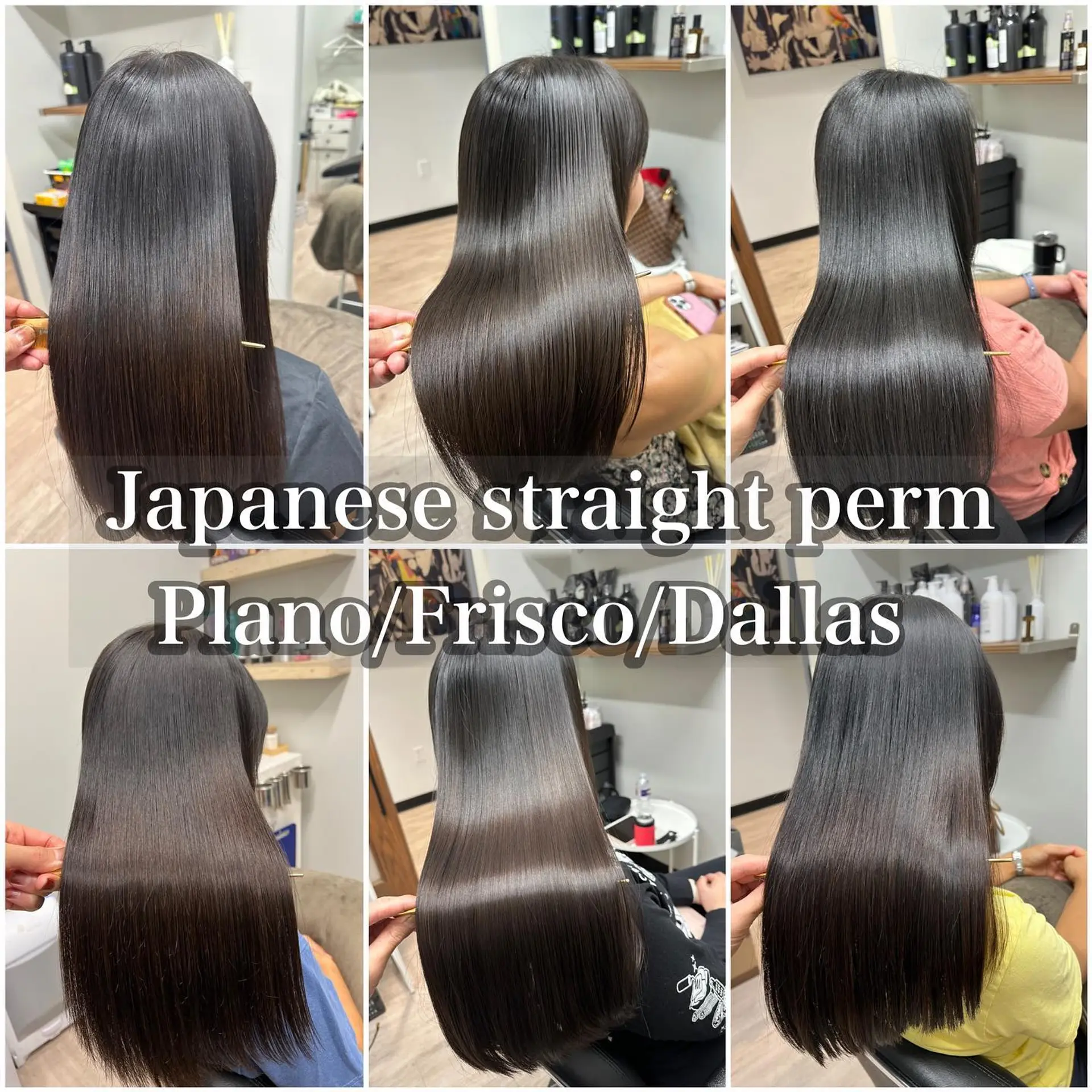Ultra-sleek, glossy, pin-straight dark hair after a Japanese thermal straightening treatment. 1