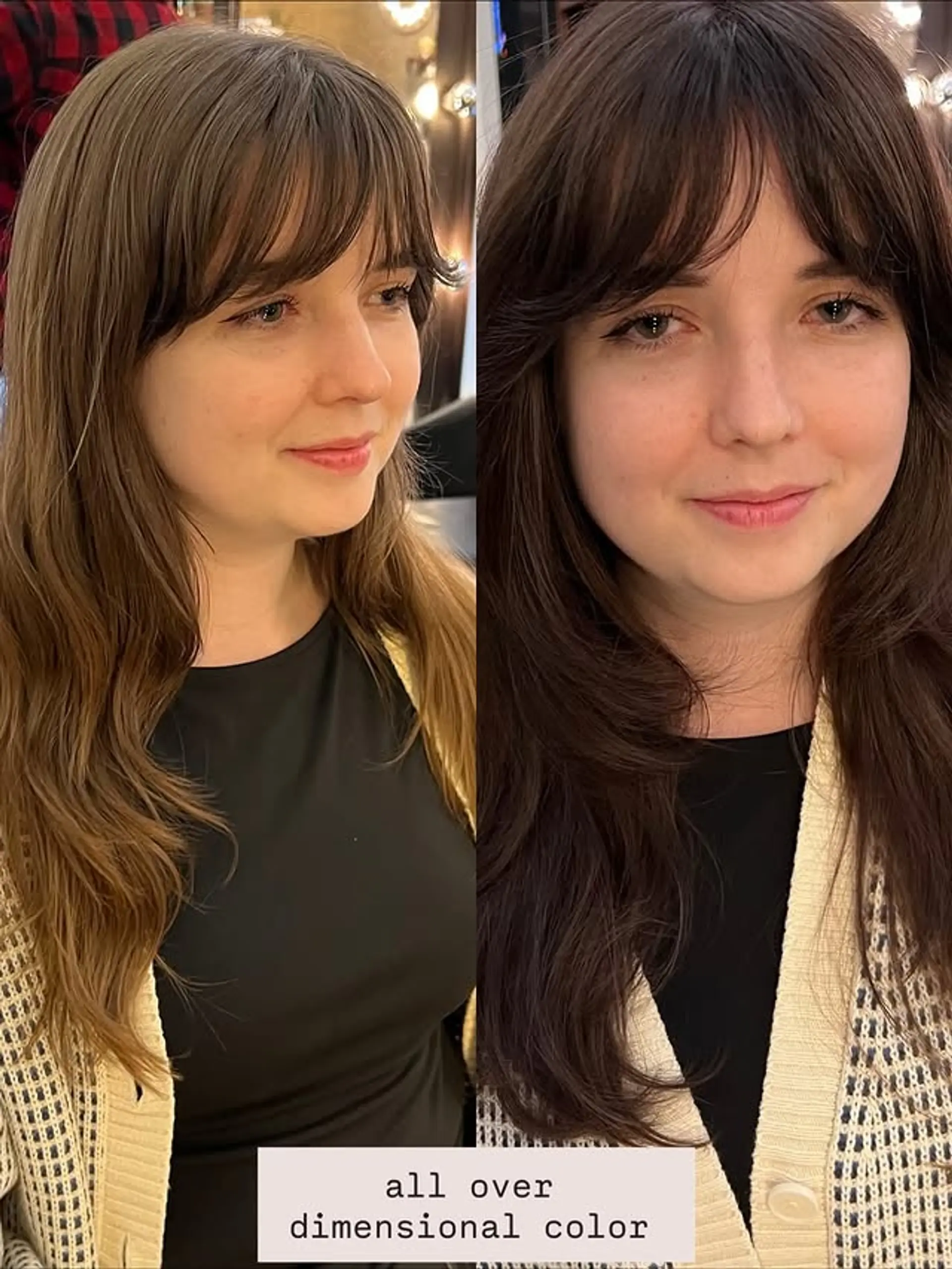 Long, layered haircut with curtain bangs and face-framing layers. 1