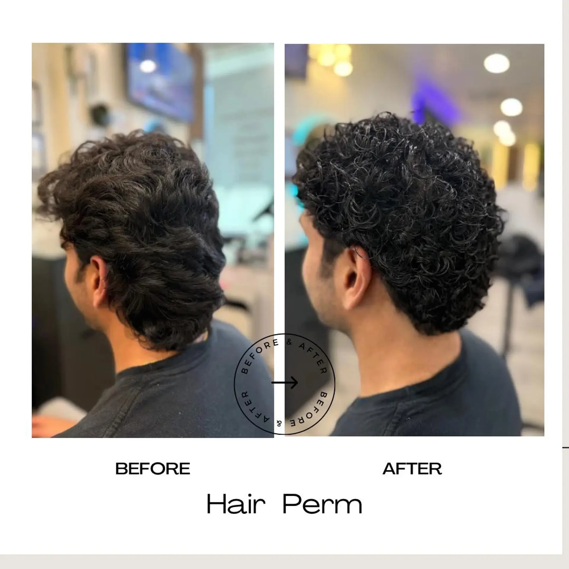 A men's textured perm transforming wavy hair into well-defined, bouncy curls with enhanced volume. 1