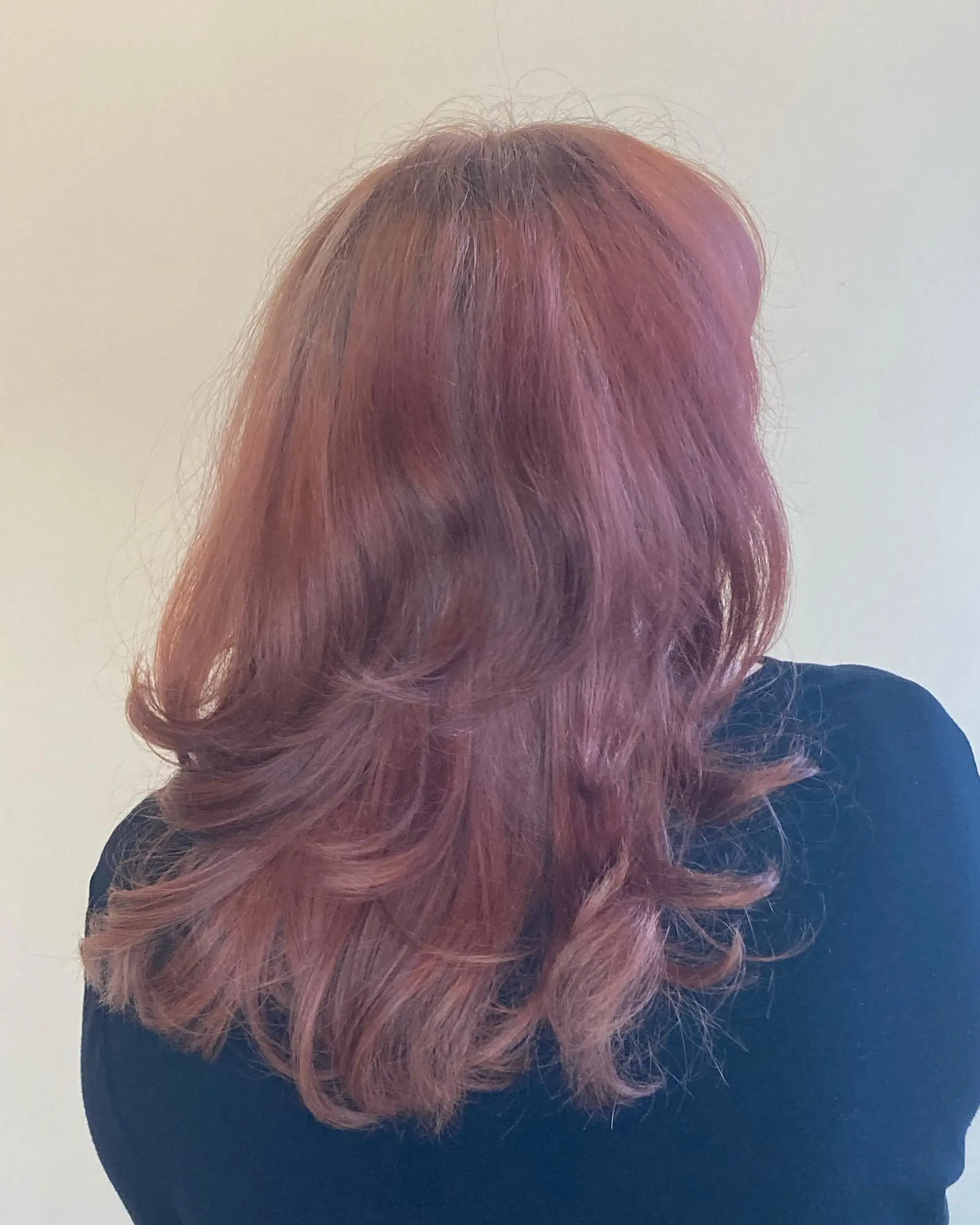 A medium-length shag haircut with soft, flipped layers styled in a cool-toned red hue. 1