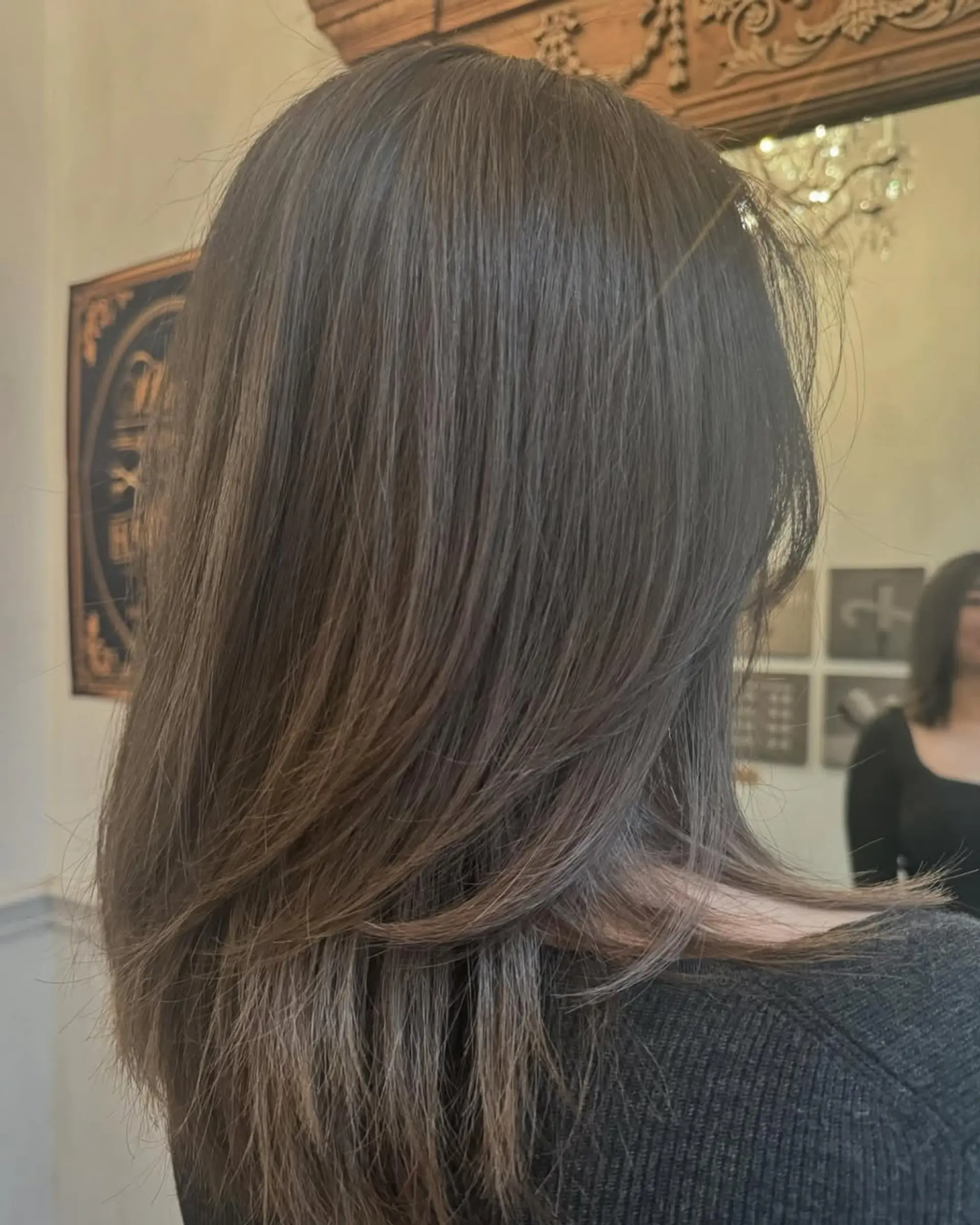 A medium-length, straight, layered hairstyle in dark brown with ash brown tones. Features a smooth finish and feathered ends for added movement and elegance. 1