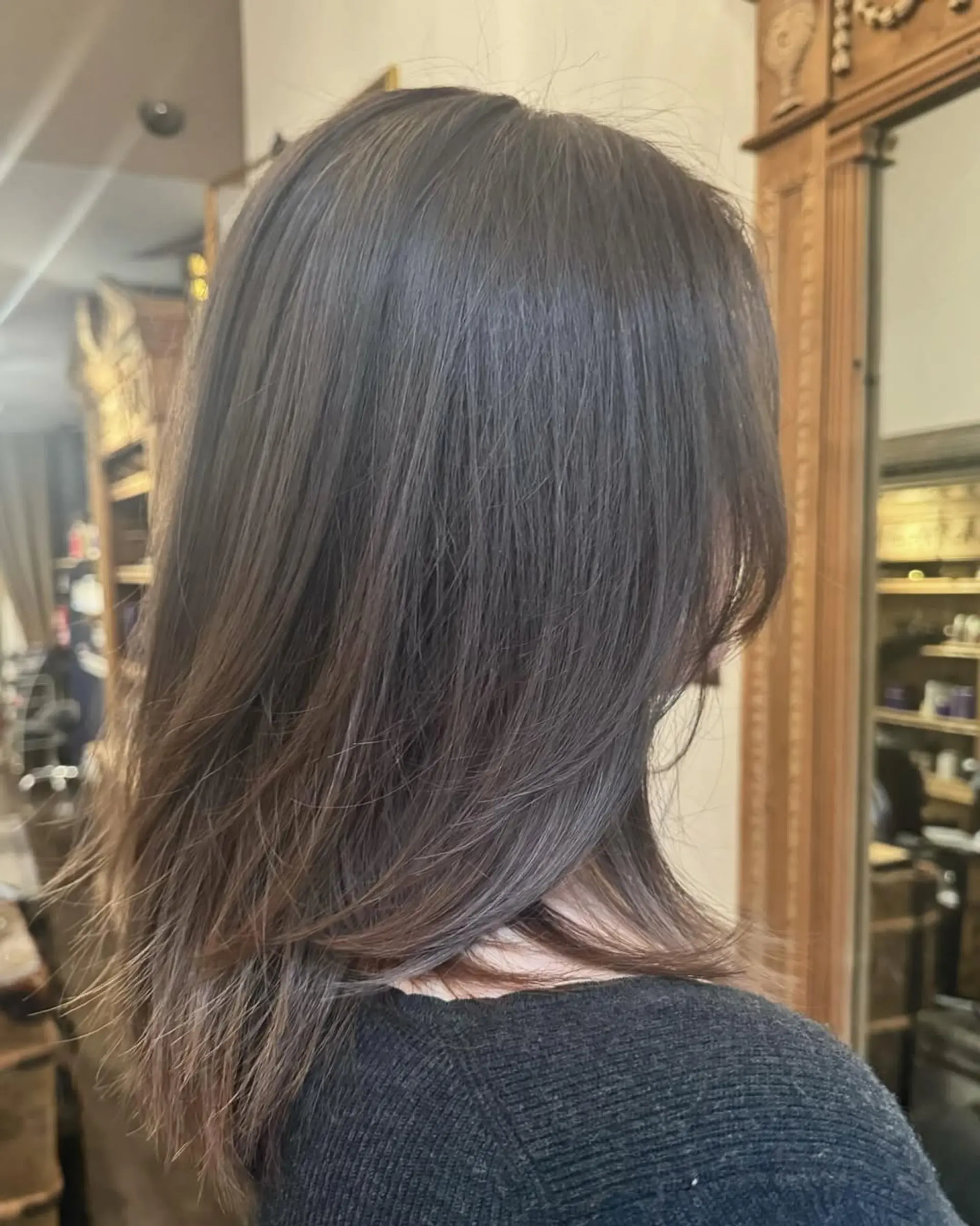 A medium-length, straight, layered hairstyle in dark brown with ash brown tones. Features a smooth finish and feathered ends for added movement and elegance. 3
