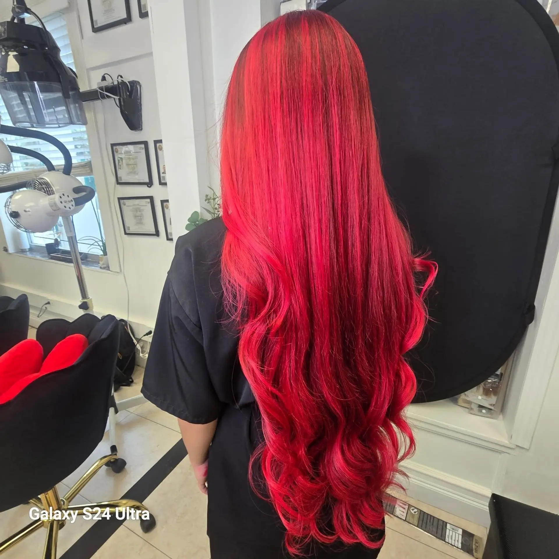 Extra long vibrant bright red hair with smooth top and cascading wavy ends. 1