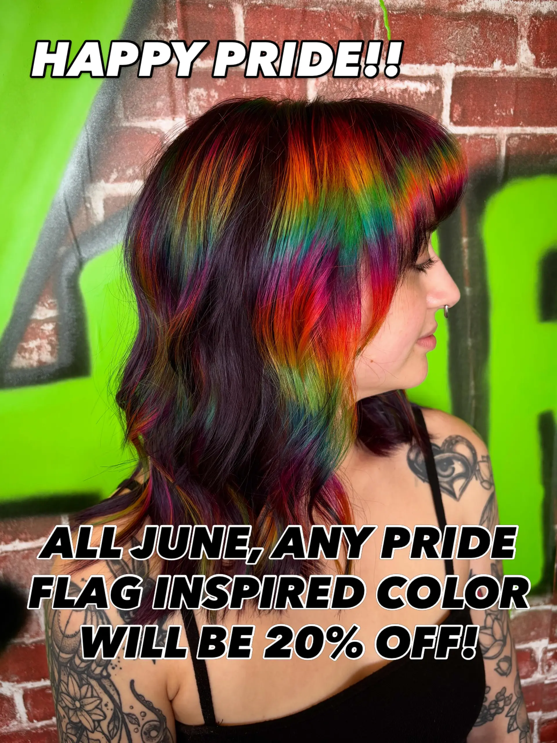 Medium-length layered hair with straight bangs featuring a horizontal rainbow prism vivid color effect over a dark base. 1