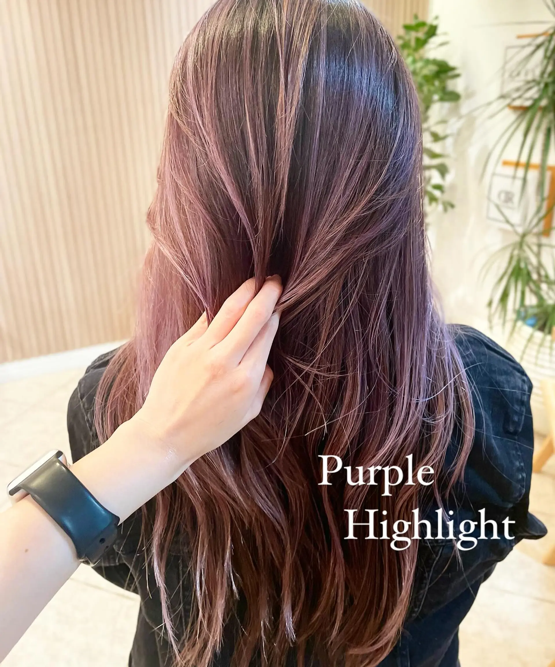 Long dark brown hair enhanced with soft lavender and purple dimensional highlights, styled with gentle loose texture. 1
