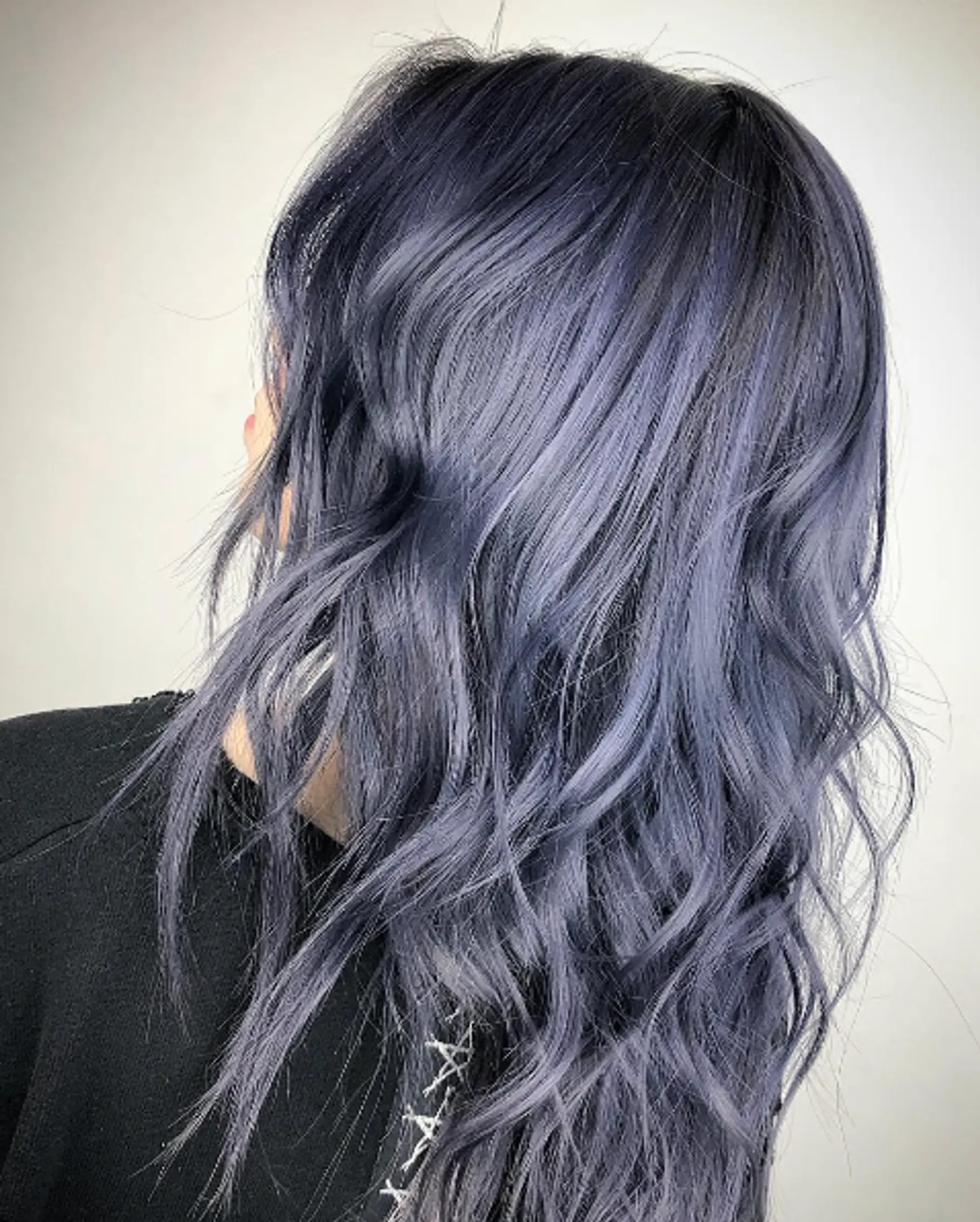 Long, wavy hair with vivid lavender and dark blue hues, flowing in loose, natural waves. 1