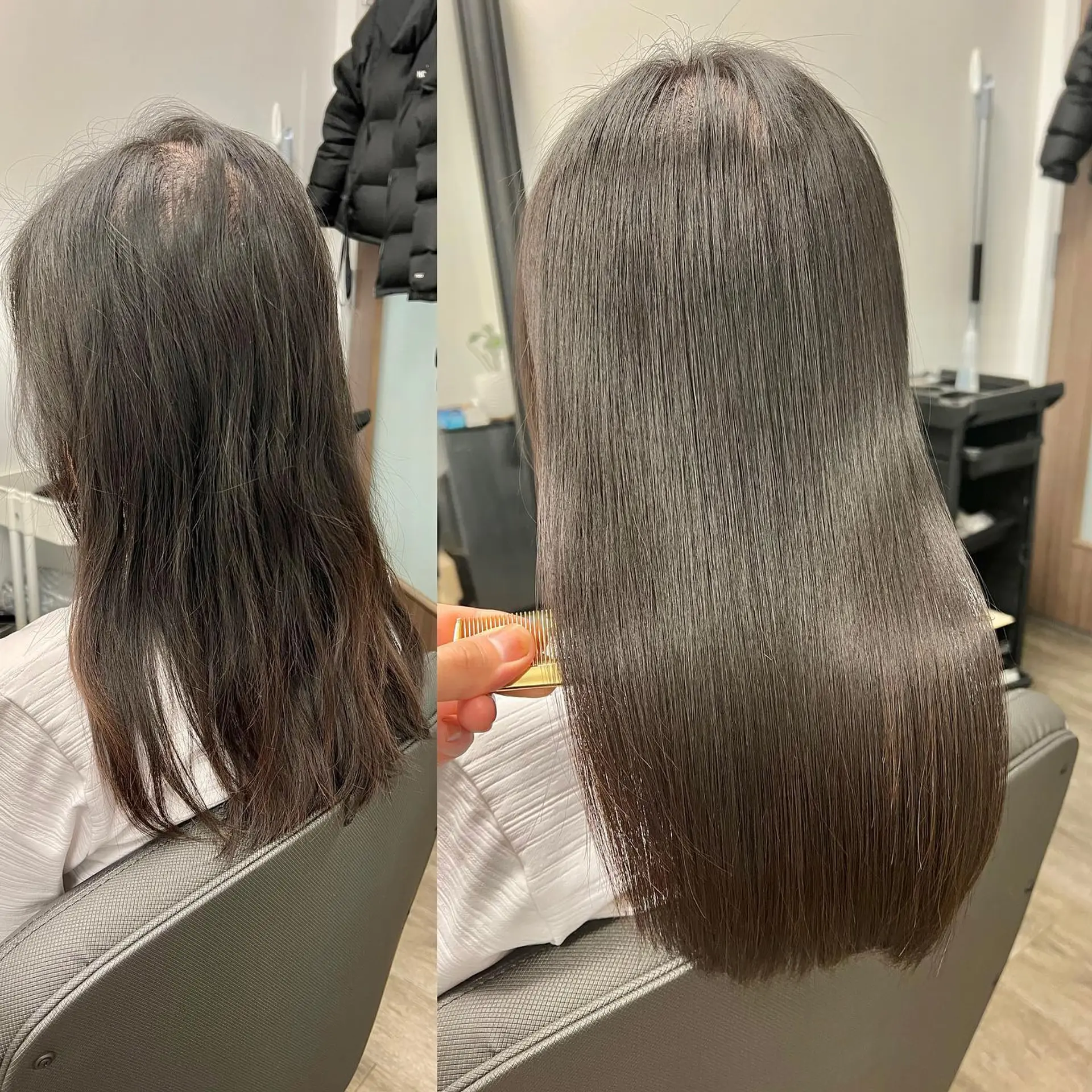 Medium-length dark brown hair transformed from frizzy to ultra-sleek, glossy, and pin-straight. 1