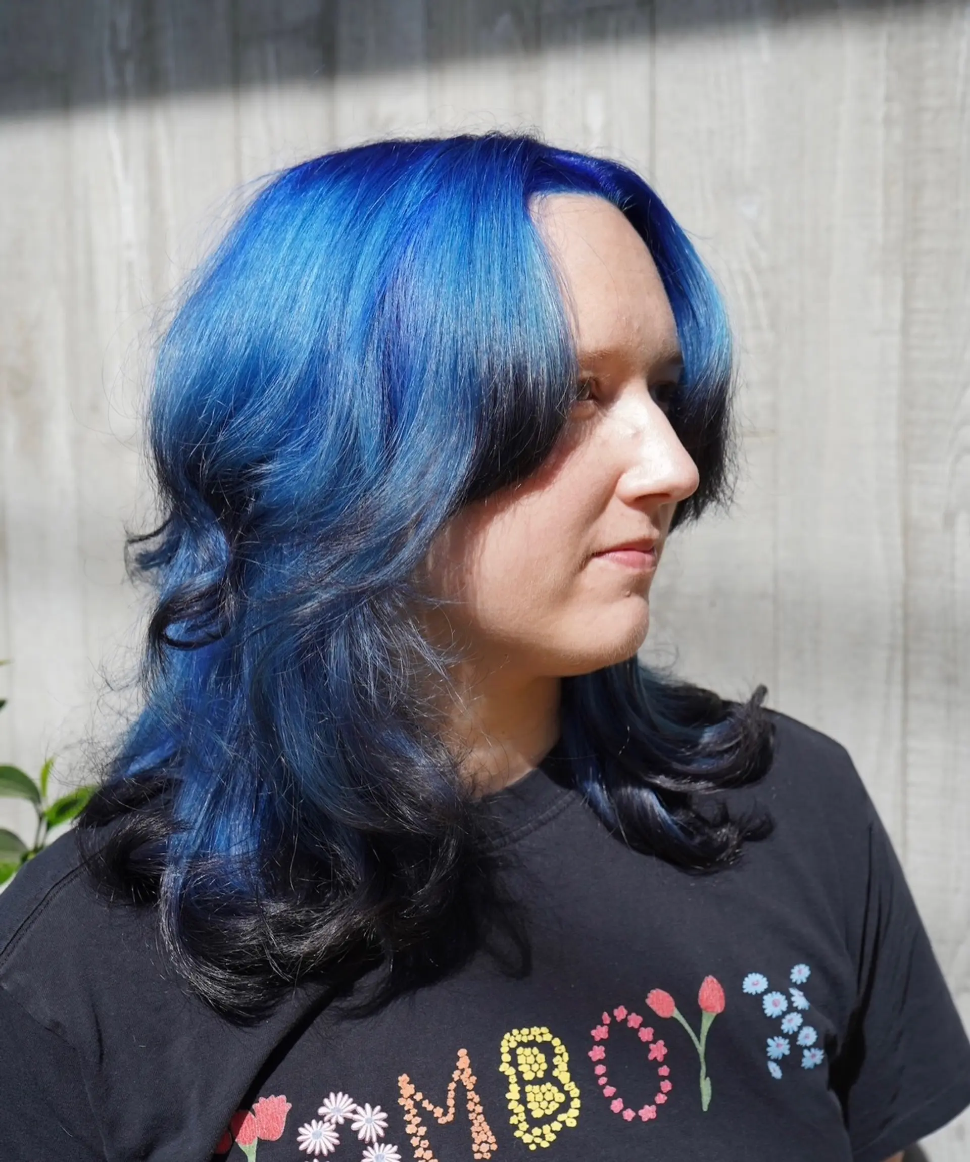 Medium-length layered haircut with vibrant electric blue top sections and dark black underlayers, styled with gentle wavy flicks at the ends. 1