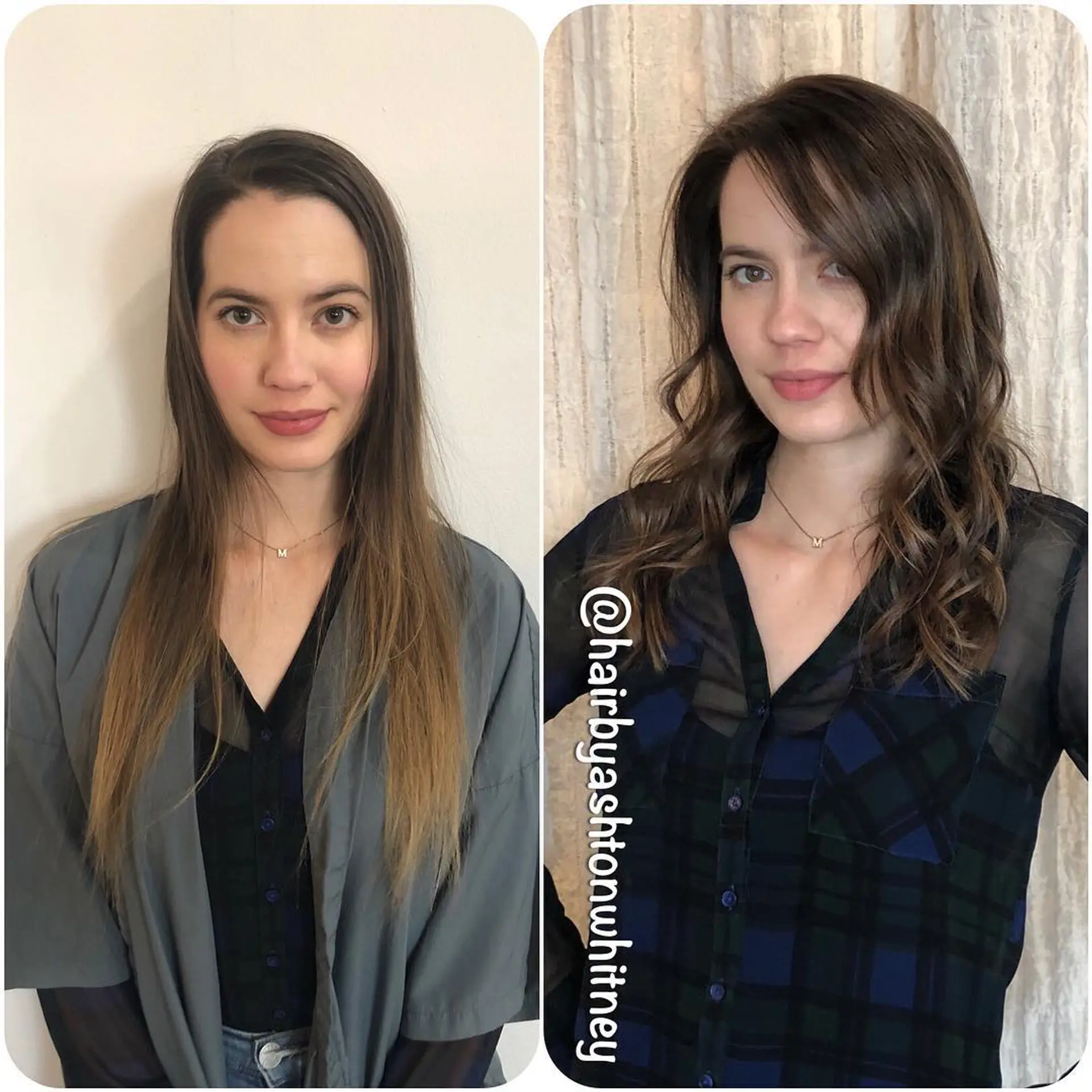 Medium-length haircut styled in soft, tousled waves with subtle caramel balayage highlights and a side-swept fringe. 1