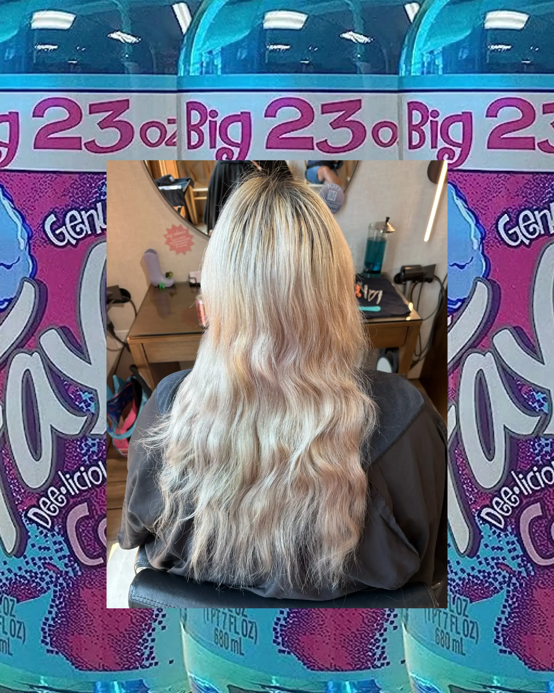 Long wavy platinum blonde hair featuring subtle pastel tones and a soft dark shadow root. 1