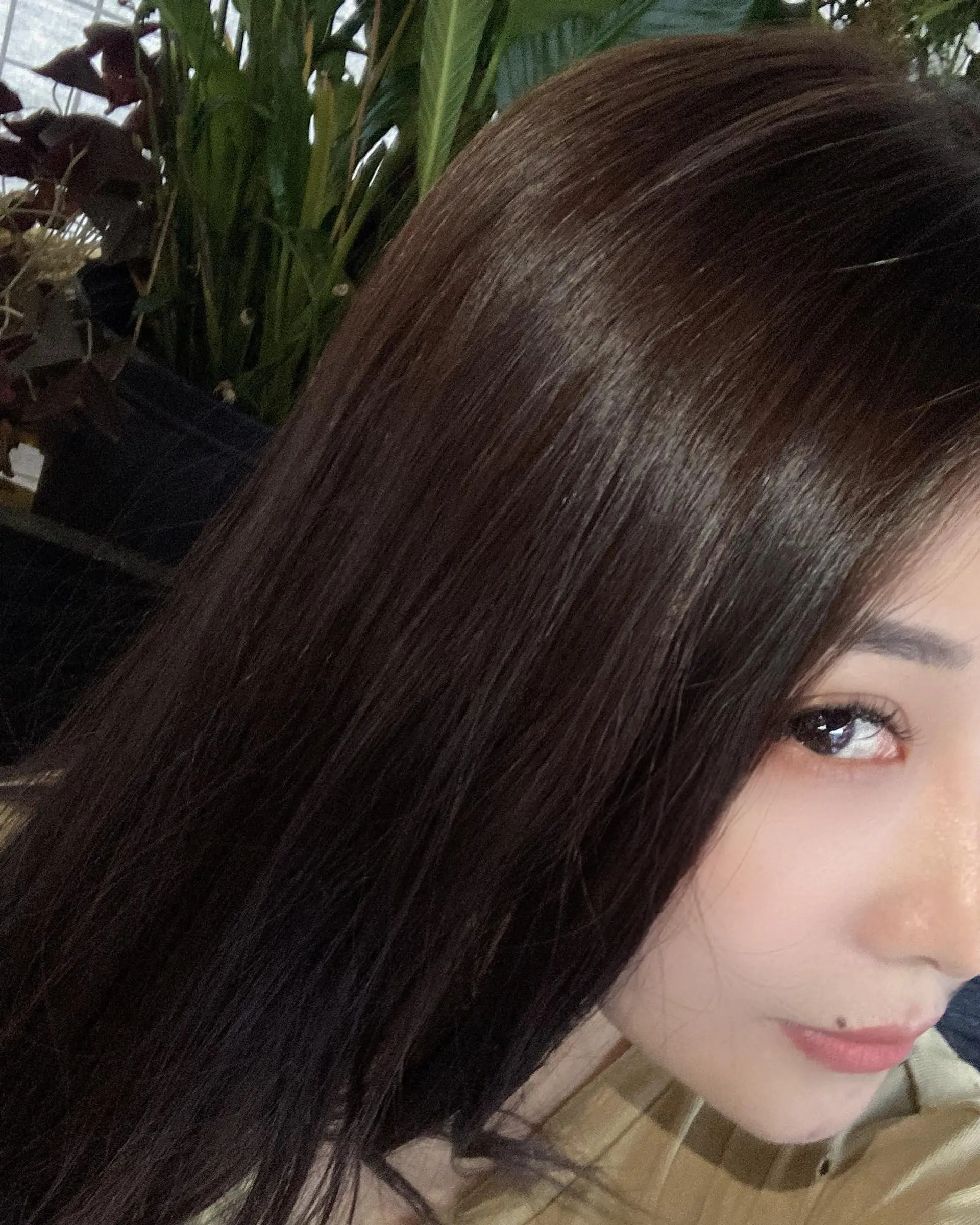 Long, sleek, straight brunette hair. 1