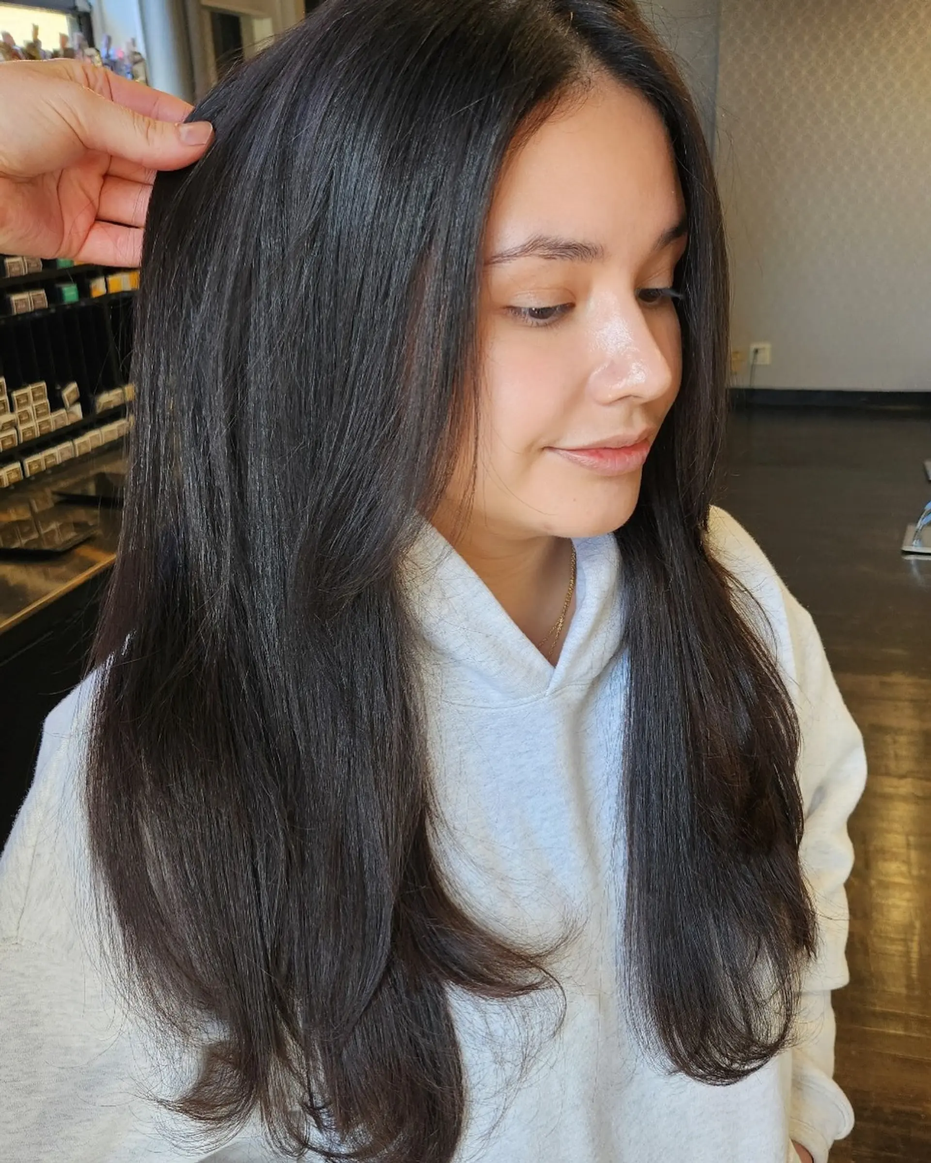 Long dark hair styled into a smooth, shiny blowout with face-framing layers. 1