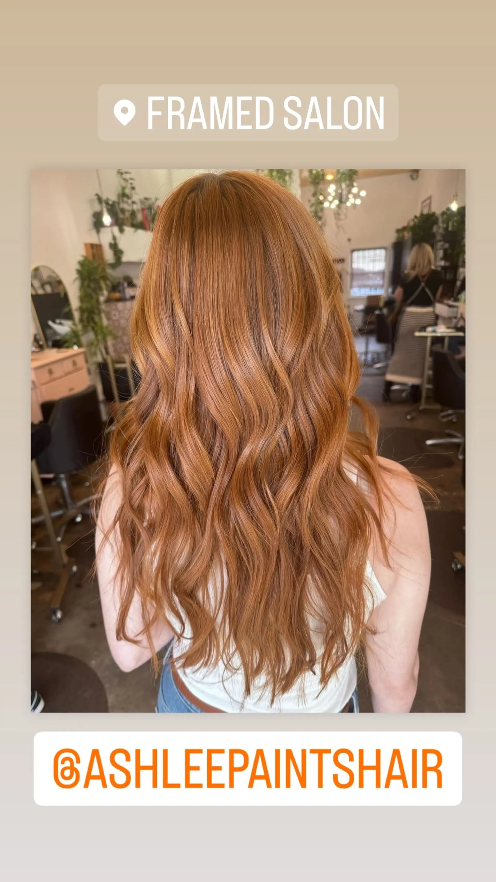 Long, wavy auburn hair with copper balayage highlights. 1