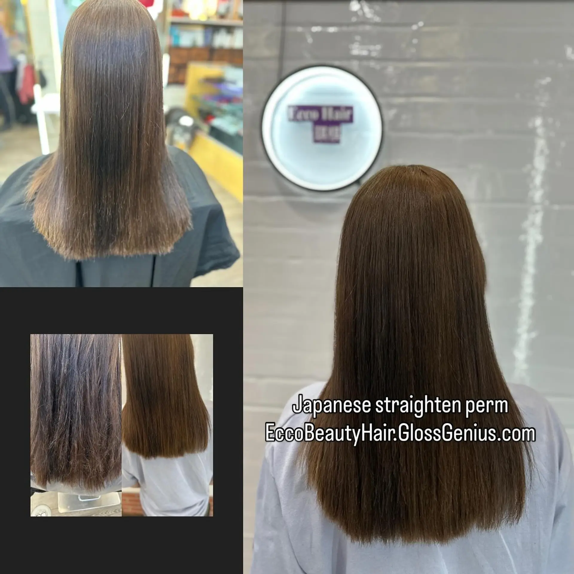 Silky, pin-straight medium-length brown hair with a glossy, polished finish and blunt ends. 1