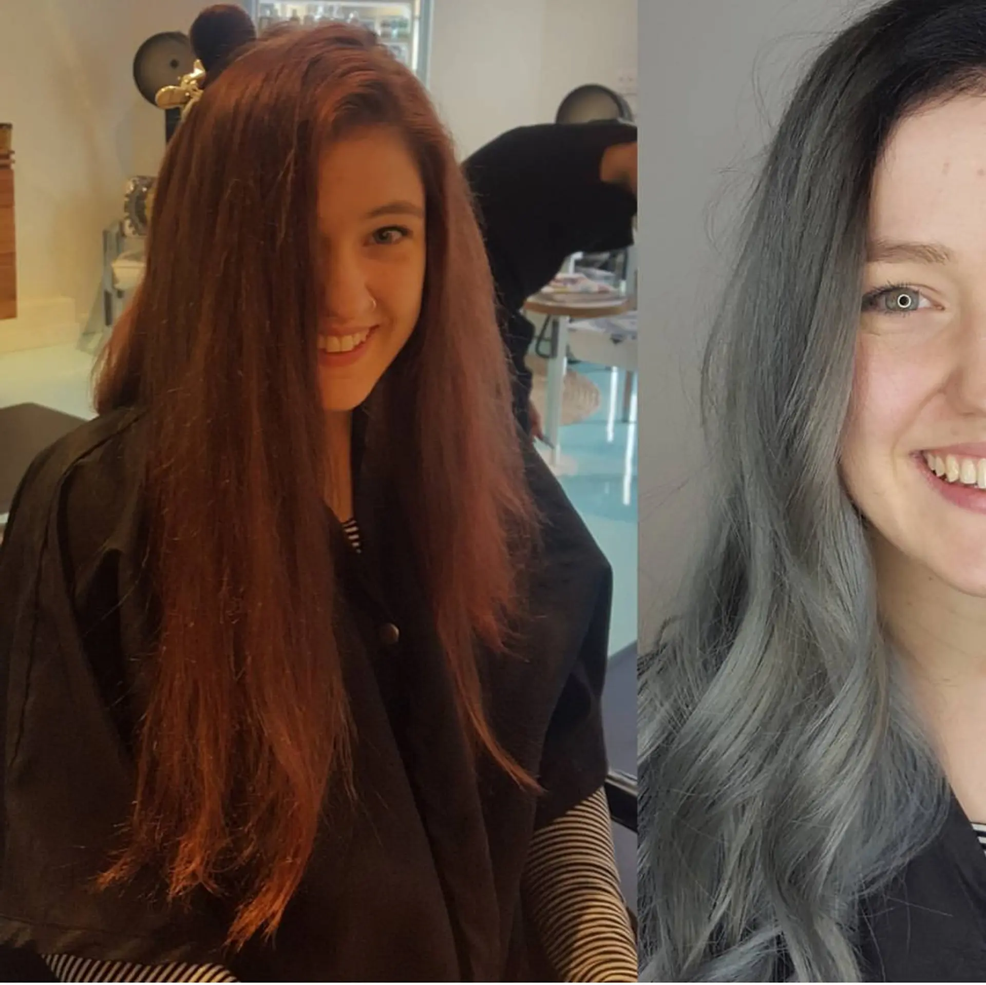 A dramatic before-and-after hair transformation from warm reddish-brown to a cool, metallic ash grey with soft waves. 1