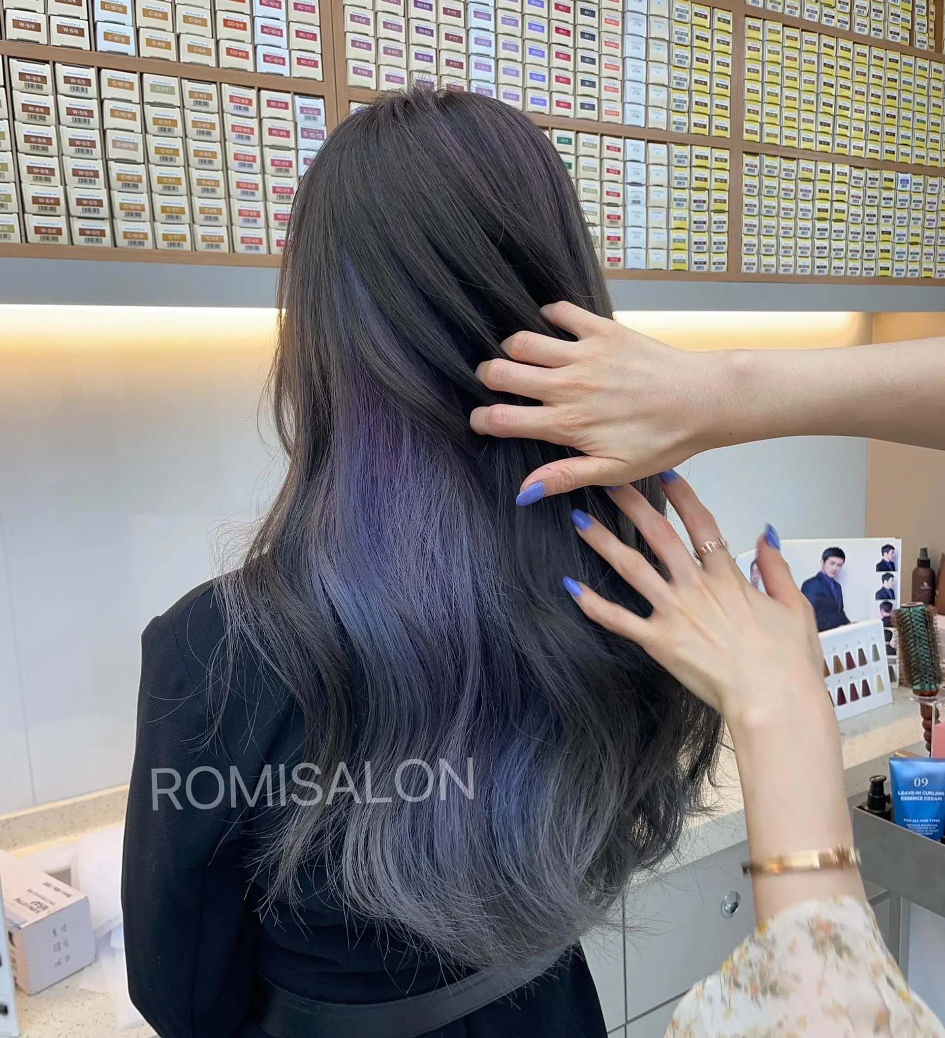 Long wavy hair with black, purple, and grey color melt. 1