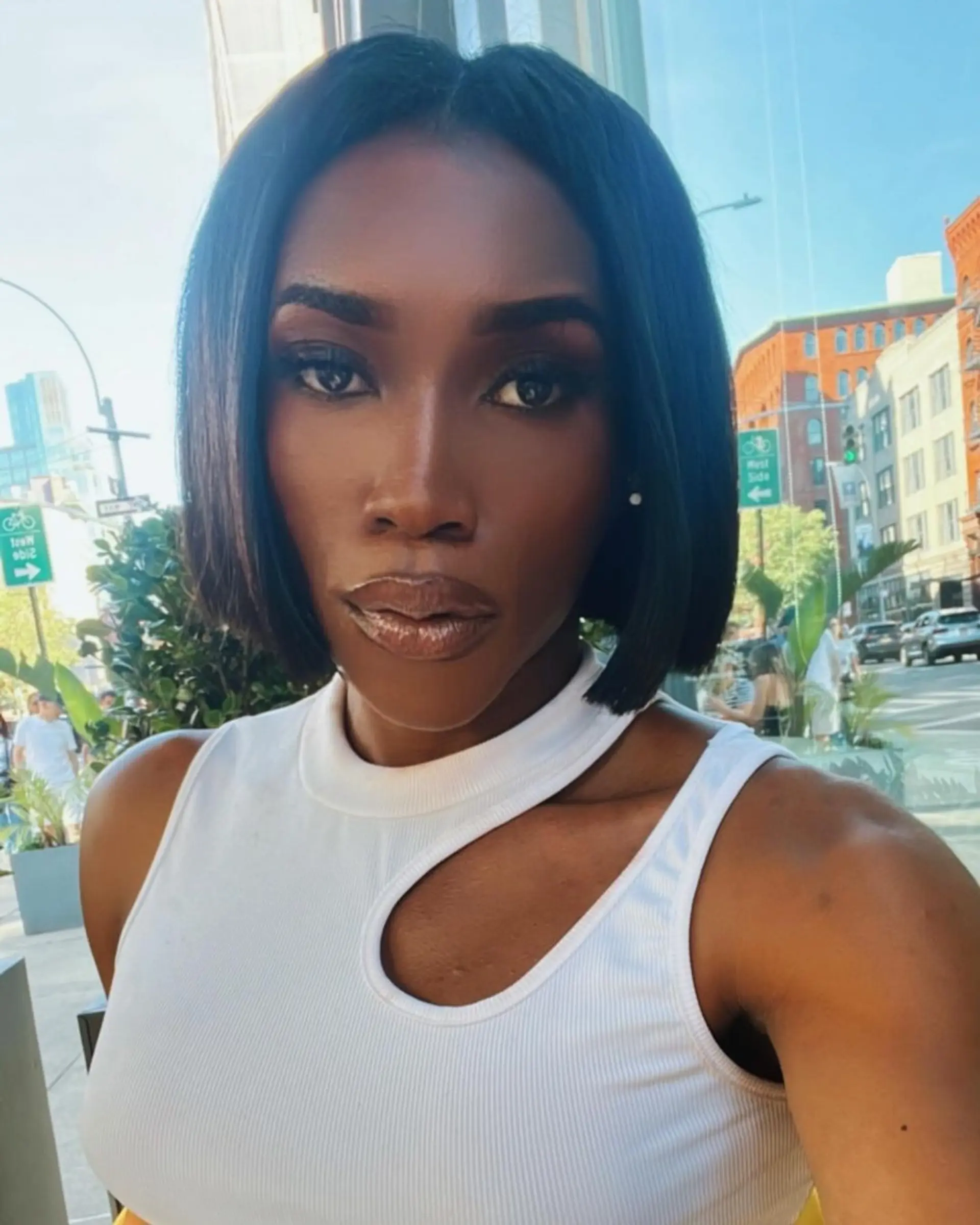 A sleek, blunt-cut bob at chin-length with straight, jet black hair, featuring a glossy, polished finish. Cut by @jamesondakota. Color by @daphdemps 3