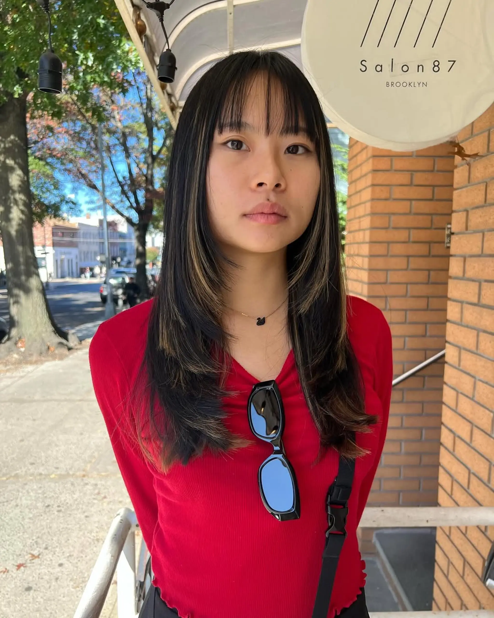 Straight, medium-length black hair with light brown highlights. Features fringe bangs and layered ends for added texture.