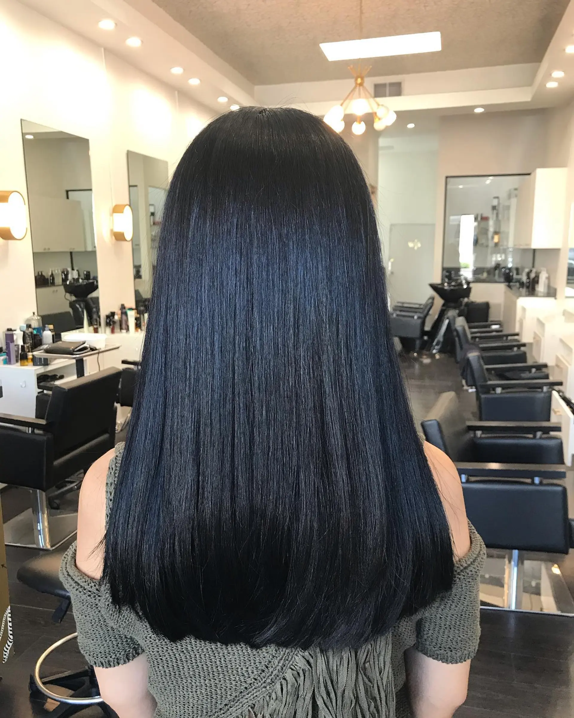 Long, sleek straight hair colored in a deep, reflective blue-black shade. 1