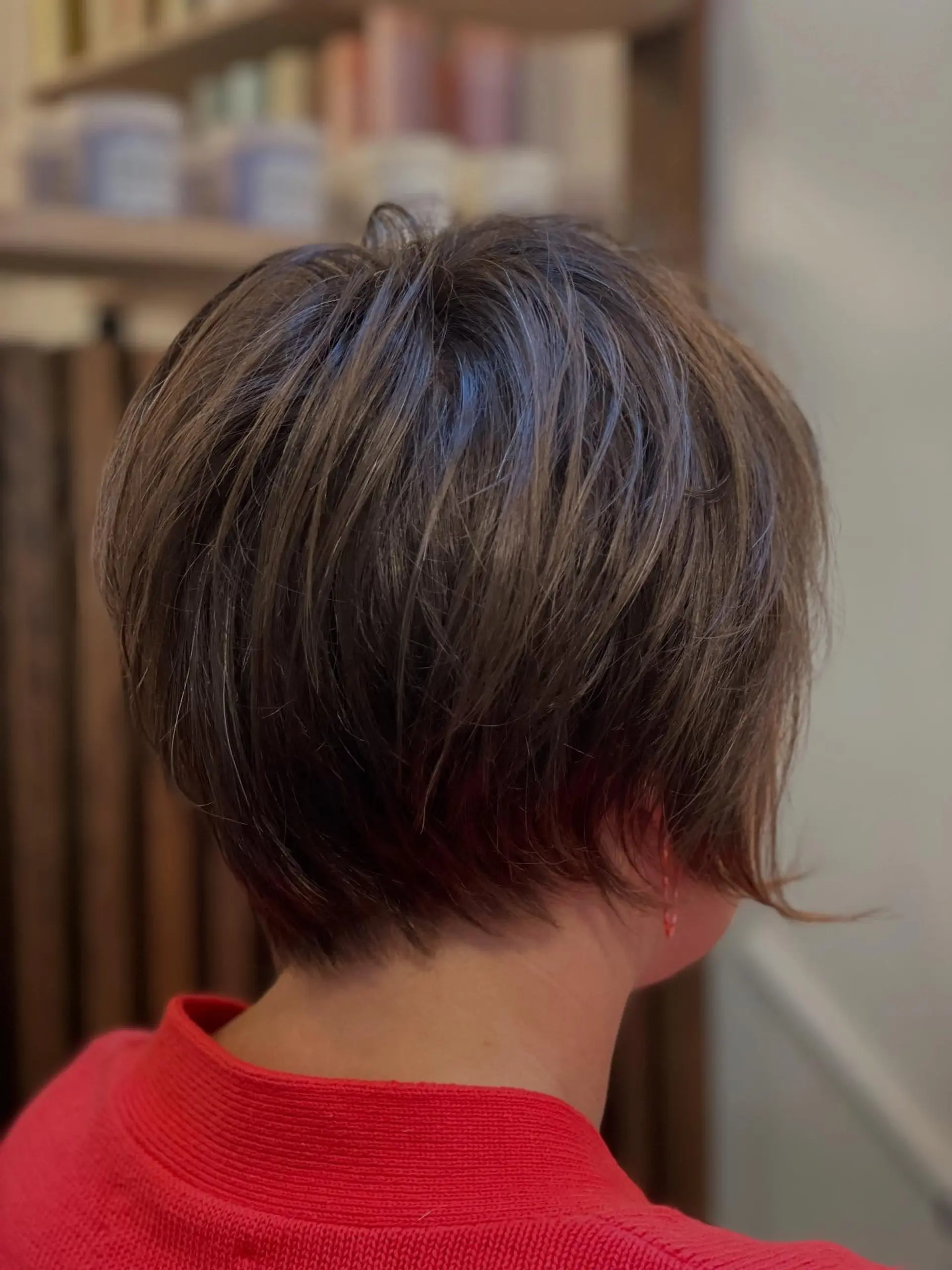 A textured short pixie bob featuring tapered layers at the nape, subtle wispy edges, and fine blonde highlights woven throughout a natural brown base. 1