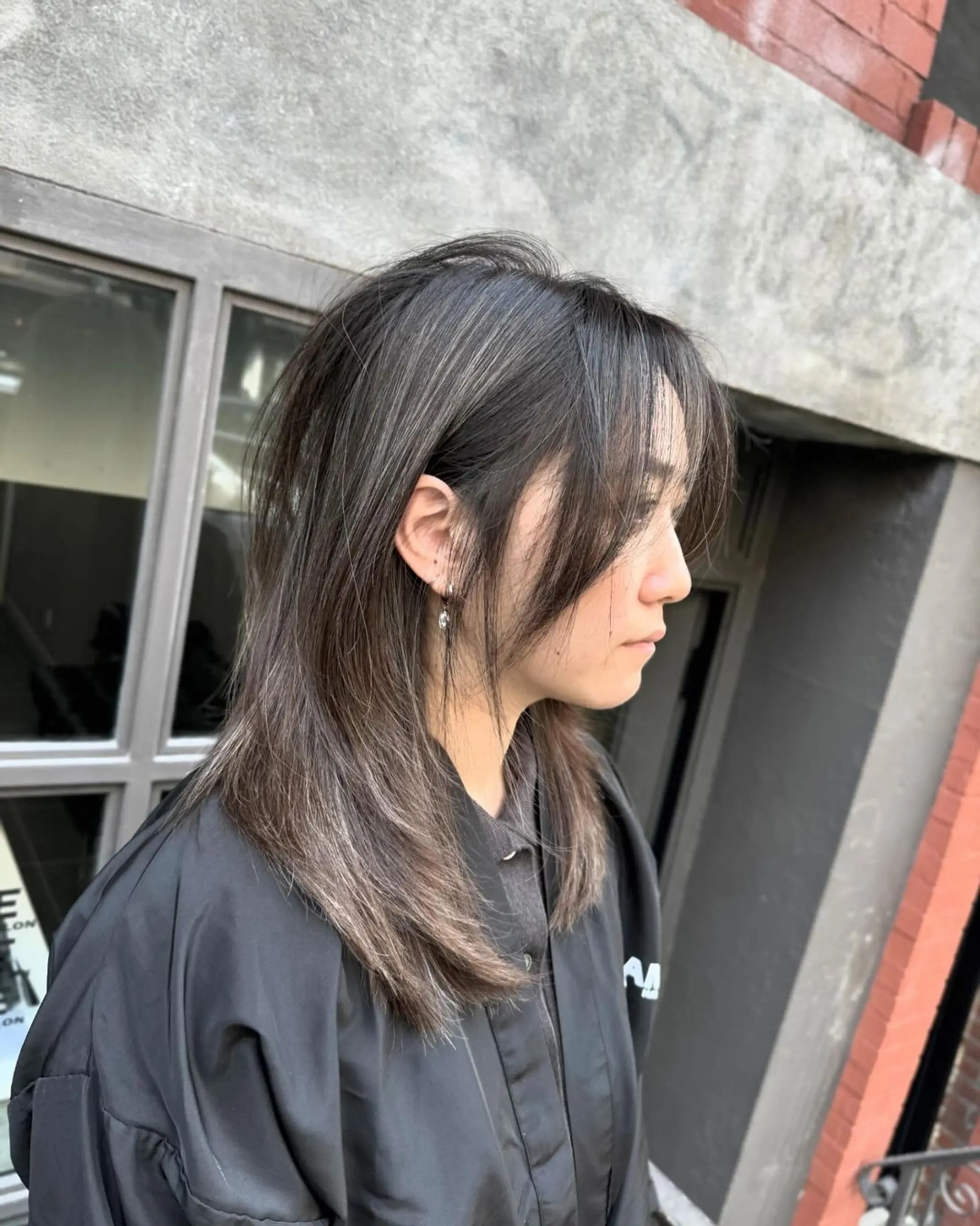 A contemporary hairstyle featuring straight, layered tresses of medium length with a dark brown base color and subtle silver highlights. Feathered layers and soft side bangs frame the face. 1