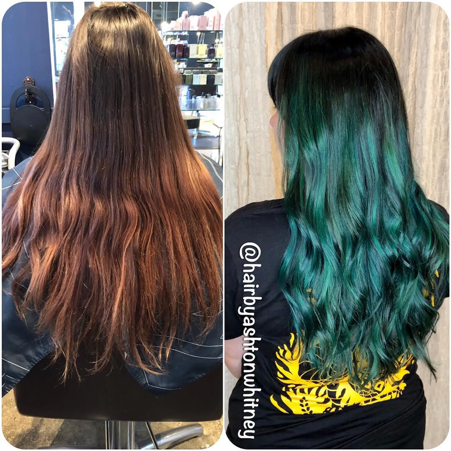 A dramatic hair color transformation featuring a dark natural base seamlessly melted into vivid emerald and teal-green balayage waves. 1