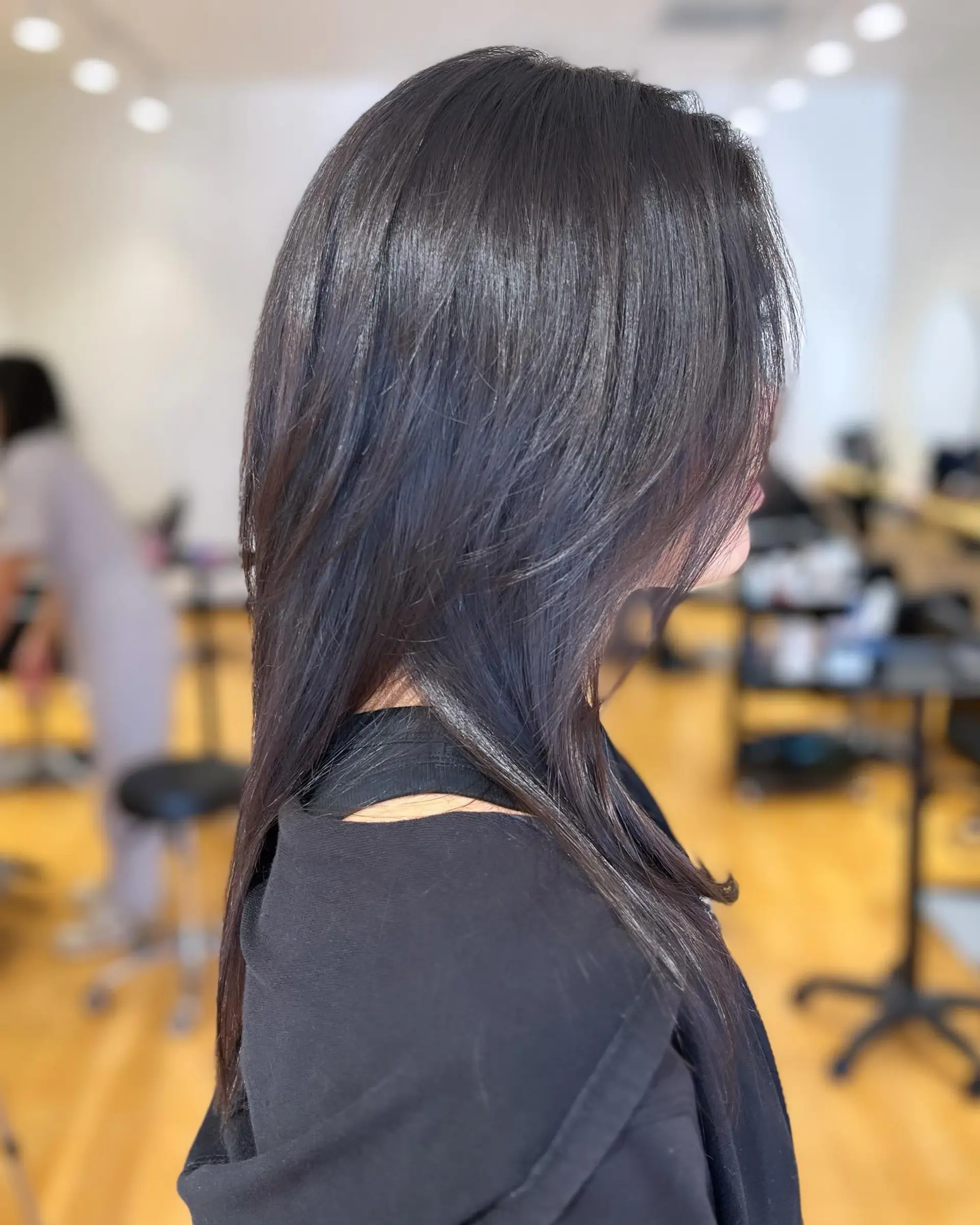 Straight dark hair styled with soft, cascading layers and subtle face-framing texture. 1